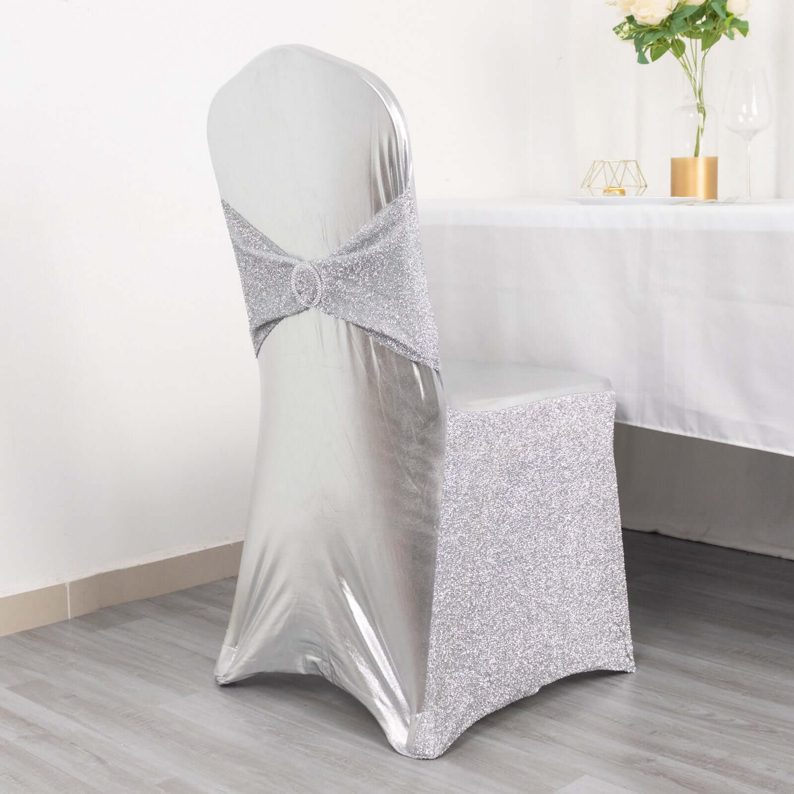 Spandex Banquet Chair Cover Metallic Silver Tinsel with Sash and Rhinestone Buckle - Shimmering Fitted Slipcover