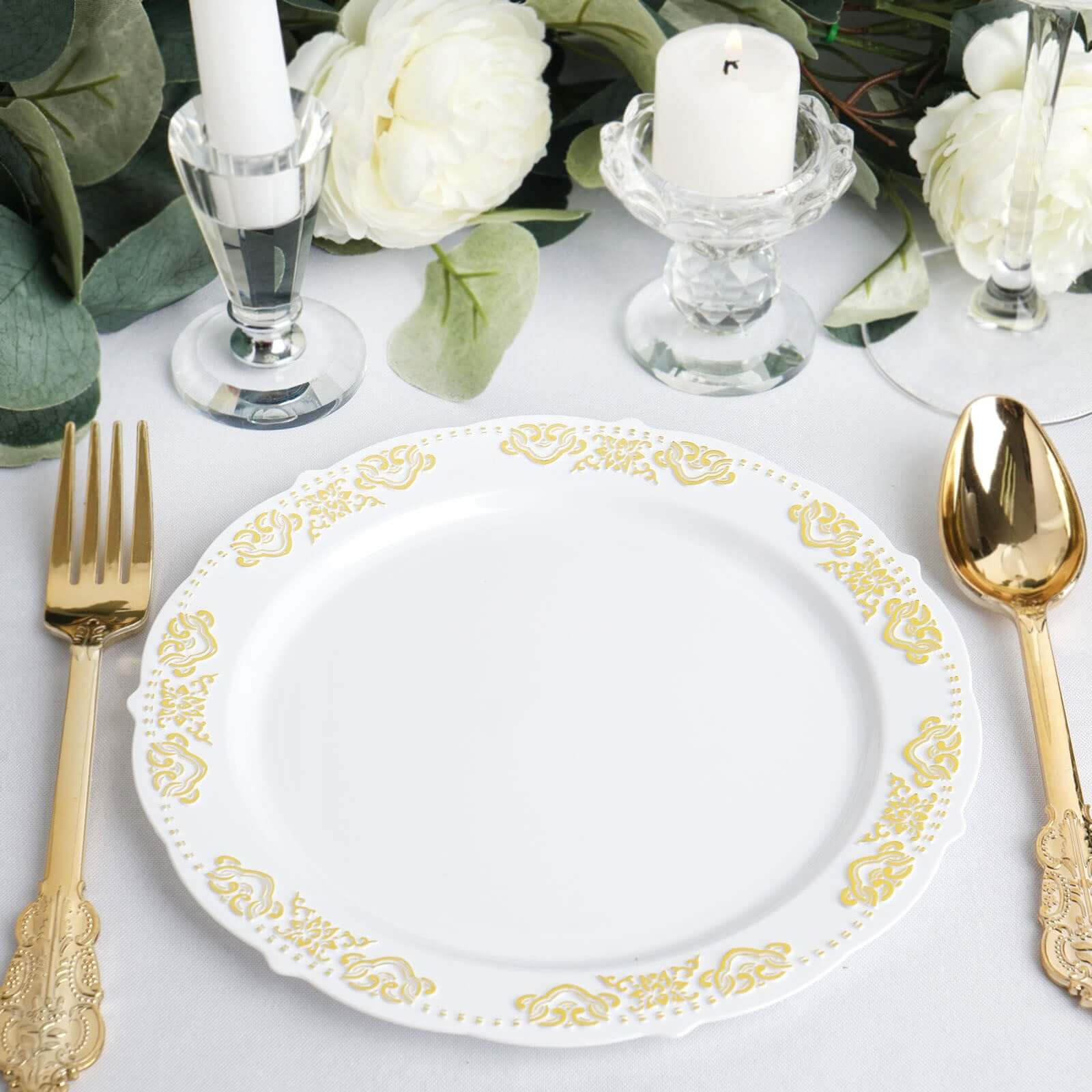 10-Pack Plastic 7.5 Round Appetizer Plates in White with Gold Embossed Scalloped Edge - Chic Disposable Salad Plates for Special Occasions & Banquets