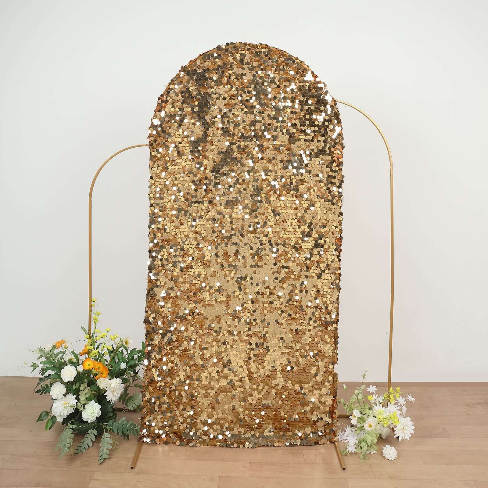 7ft Sparkly Gold Double Sided Big Payette Sequin Chiara Backdrop Stand Cover For Fitted Round Top Wedding Arch