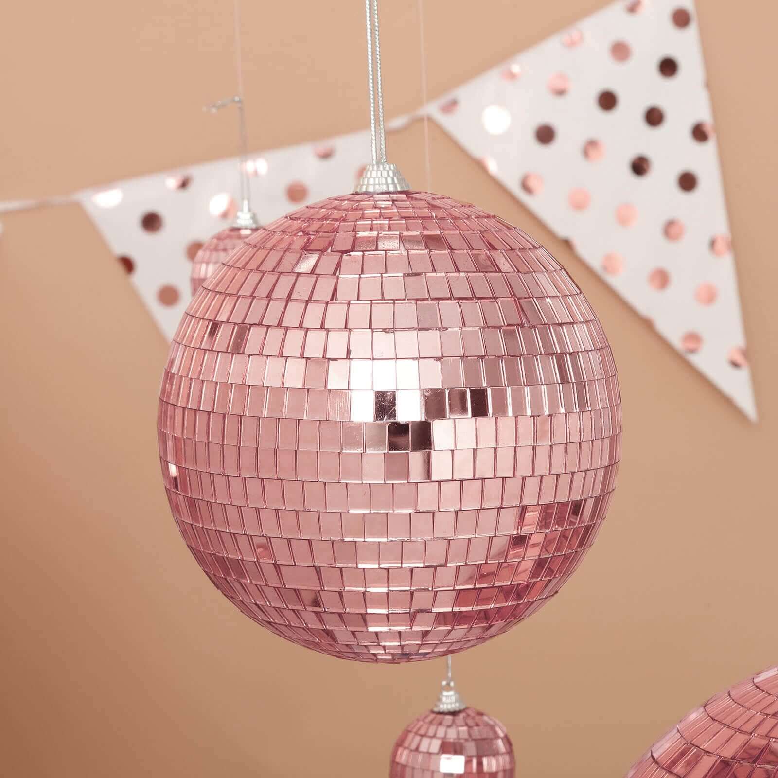 4 Pack 6 Rose Gold Foam Disco Mirror Ball With Hanging Strings, Holiday Christmas Ornaments