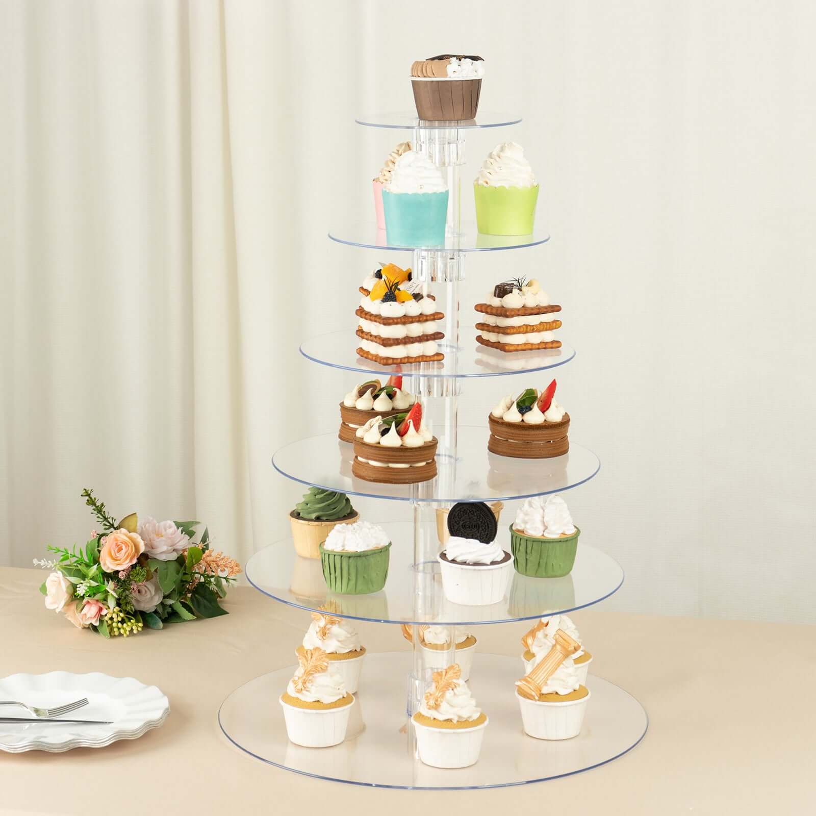 6-Tier Acrylic Round Cupcake Stand Clear - Heavy Duty Reusable Dessert Tower Holder Pastry Display with Film Sheets for Special Events & Catering Displays 22