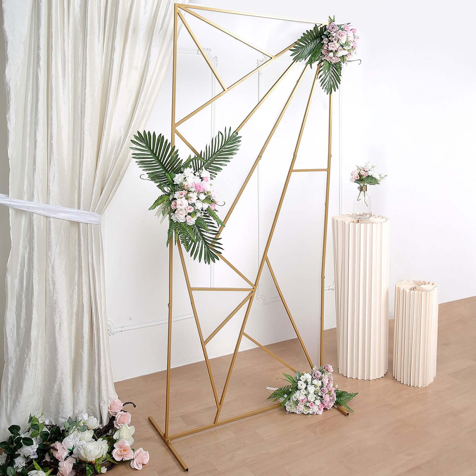 7ft Tall Gold Metal Rectangular Geometric Flower Frame Prop Stand, Wedding Backdrop Floor Stand With Cloudy Film Insert