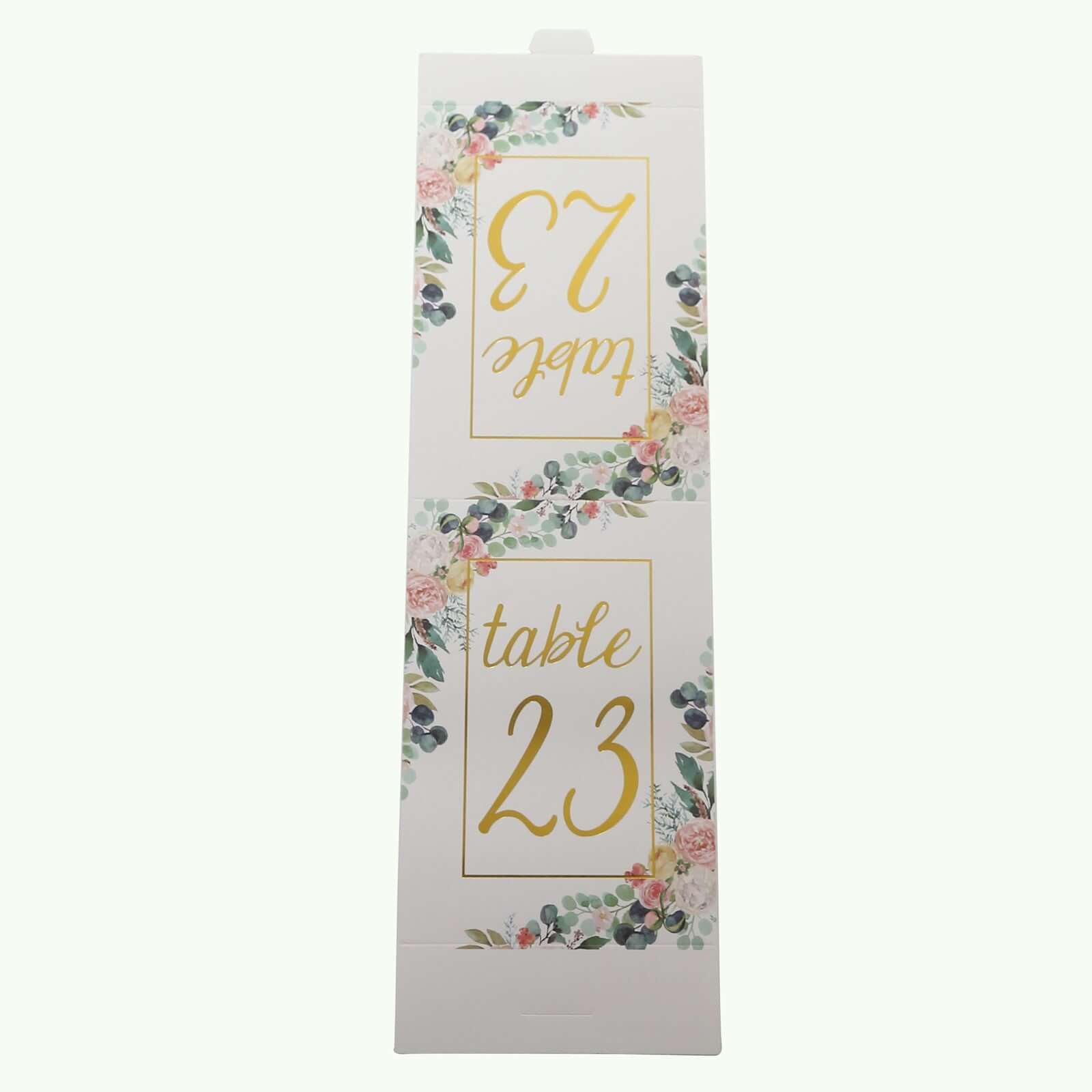 25-Pack Paper Wedding Table Numbers 1-25 White Peony Flower Design - Free Standing Double Sided Table Signs with Glam Gold Foil Numbers 7