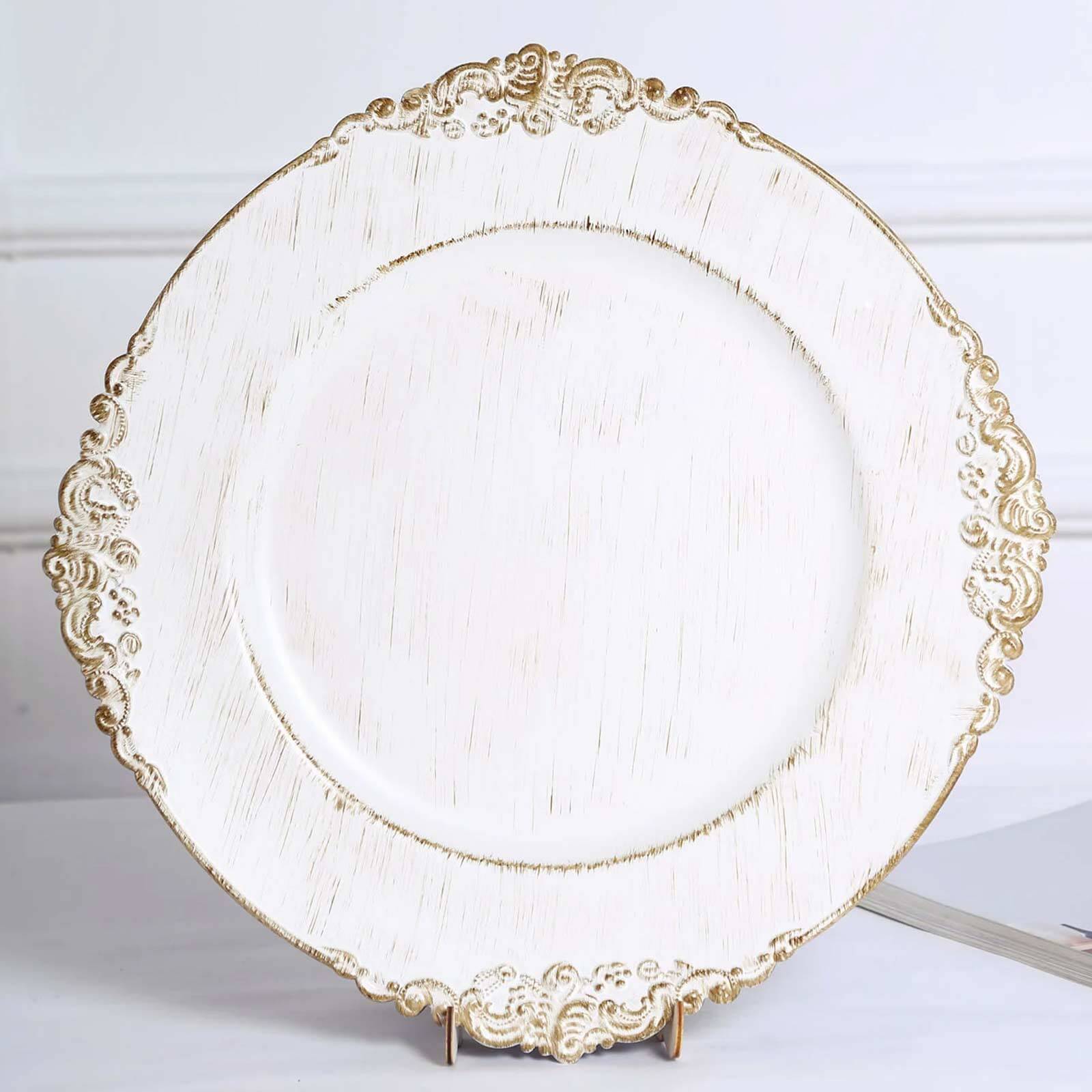 6-Pack Acrylic Round Charger Plates 13 in White Washed with Gold Embossed Baroque Rim, Antique Decorative Dinner Party Charger Tableware