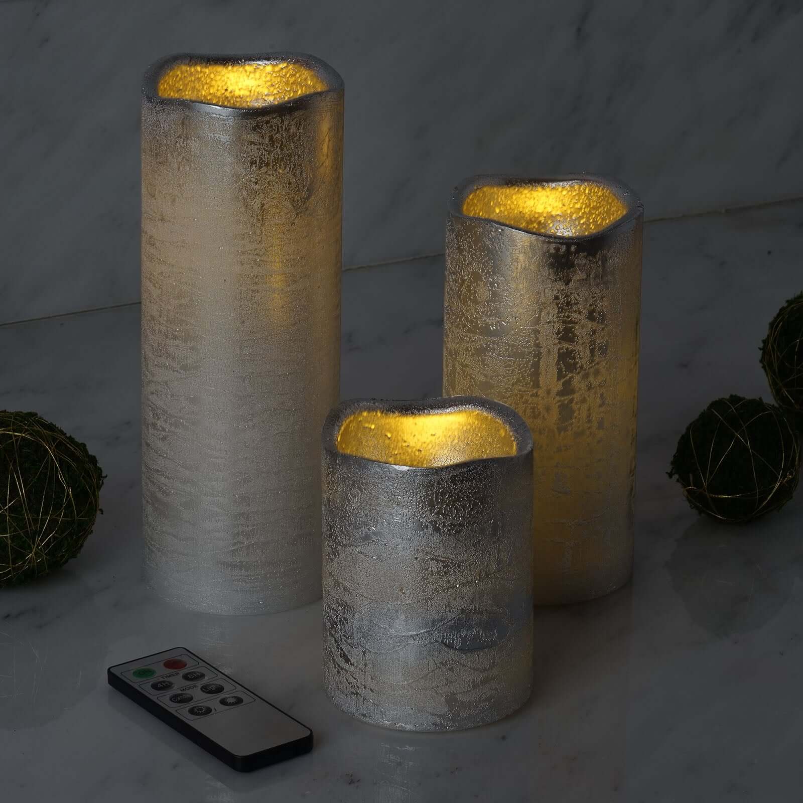 Set of 3 LED Flameless Pillar Candles Remote Operated Metallic Silver - Battery Powered 4, 6, 8