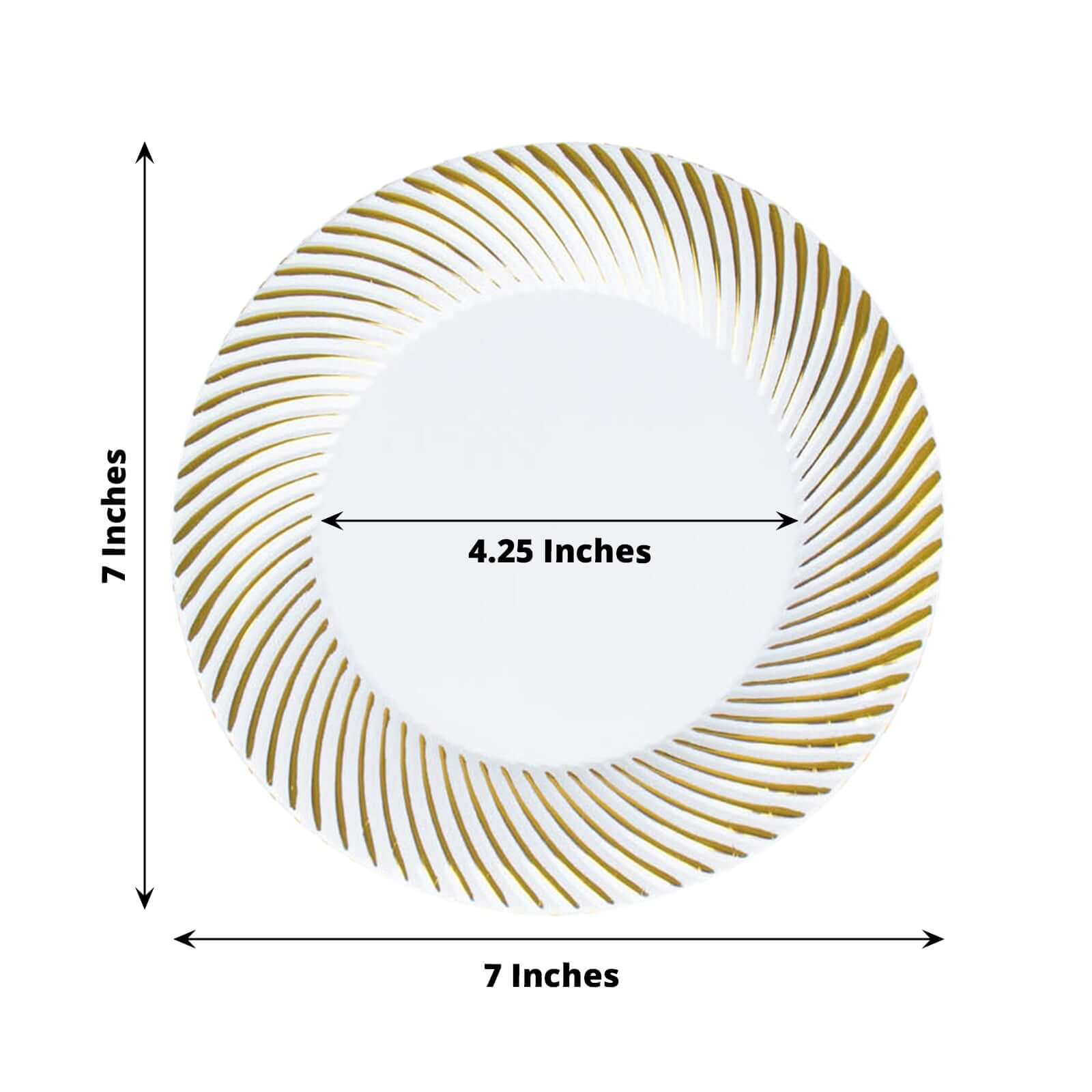 10-Pack Plastic 7 Round Dessert Plates in White with Gold Swirl Rim - Disposable Salad Plates for Classy Events & Banquets