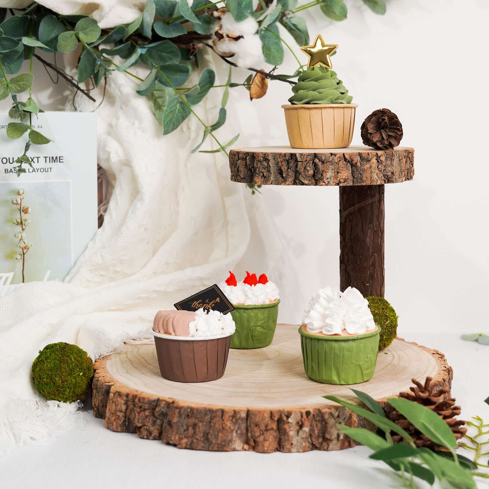 2-Tier Wooden Cheese Board Stand Elm Wood Slice Design Natural - Rustic Cupcake Centerpiece 8