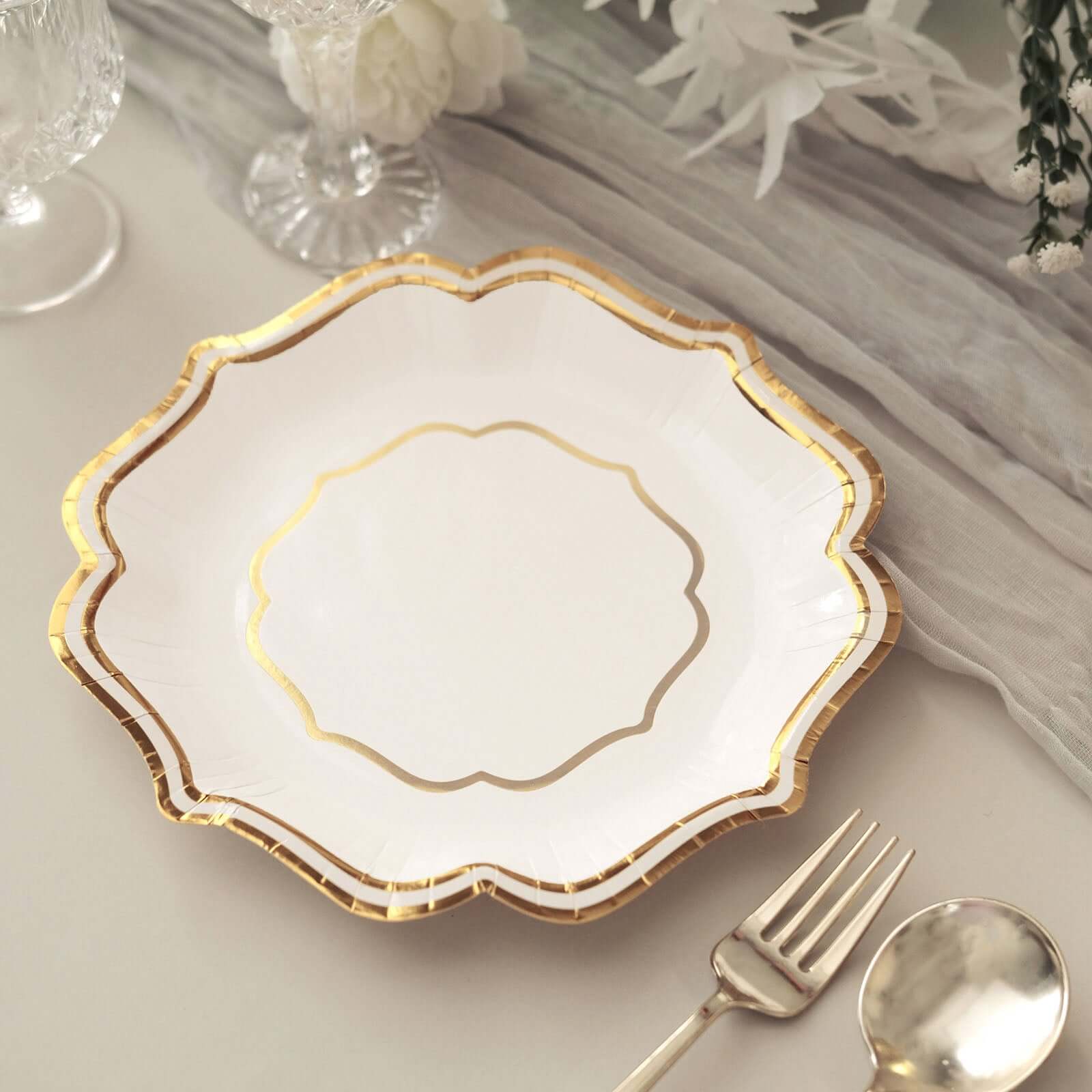 25-Pack Paper Dessert Plates in White with Gold Scallop Rim - Disposable 300GSM Appetizer Salad Plates for Classy Banquets & Celebrations 8
