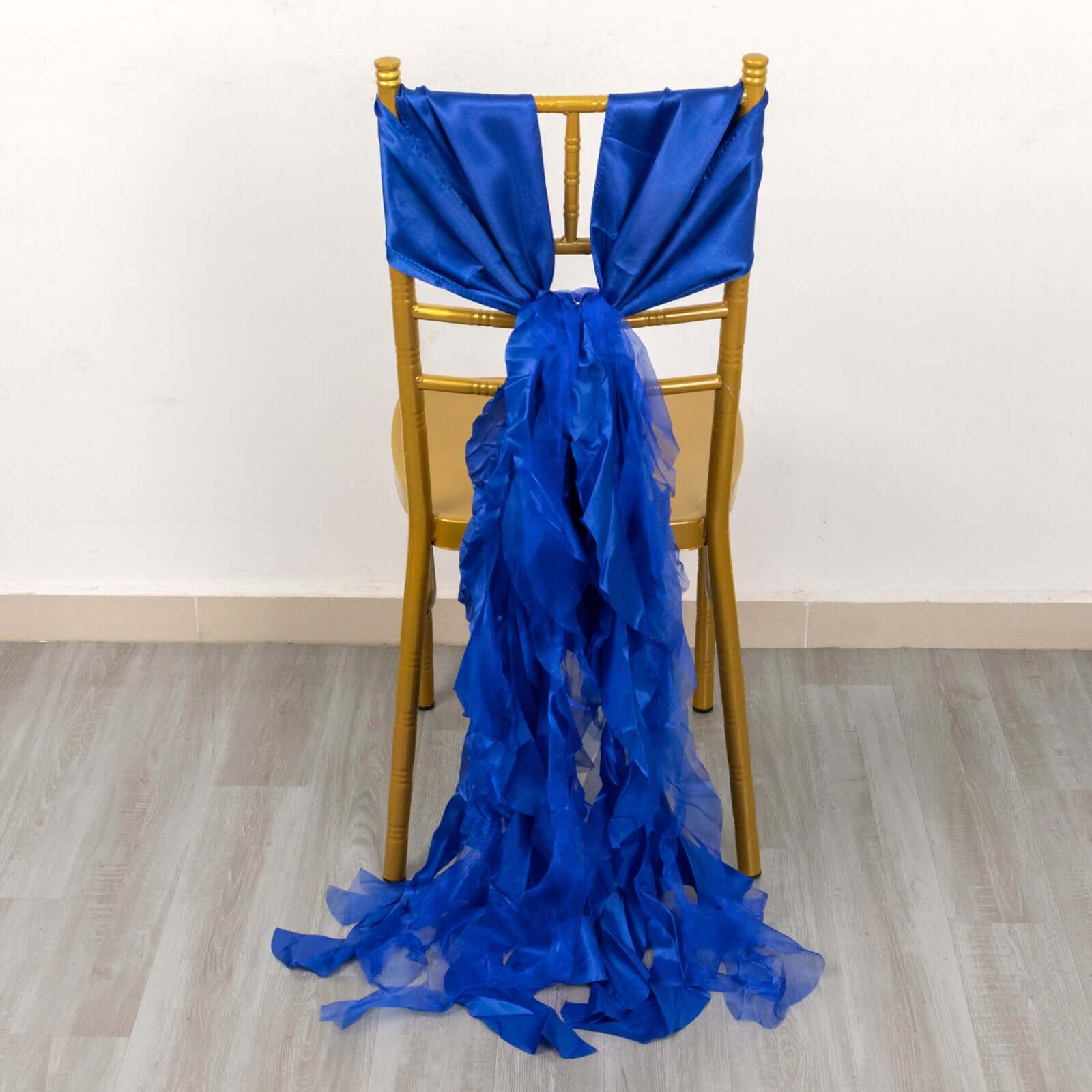 5 Pack Chiffon Satin Chair Sashes Royal Blue - Easy to Install Ruffled Curly Willow