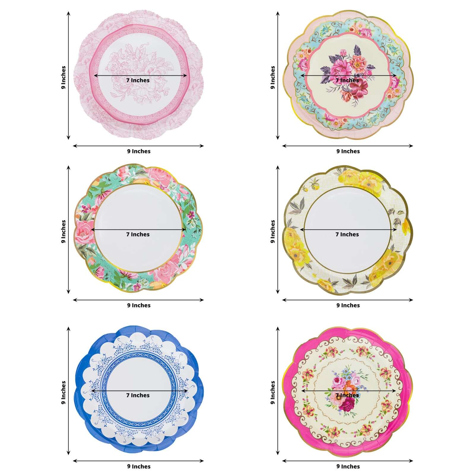 24-Pack Paper 9 Round Dinner Plates in Mixed Floral Print with Scalloped Edge - Disposable Party Plates for Baby Showers & Vintage Themes