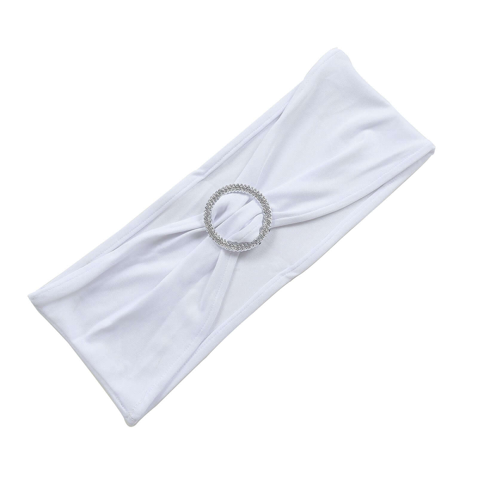 5 Pack Stretch Spandex Chair Sashes White - Classy Reusable Chair Bands with Silver Diamond Ring Slide Buckle 5x14