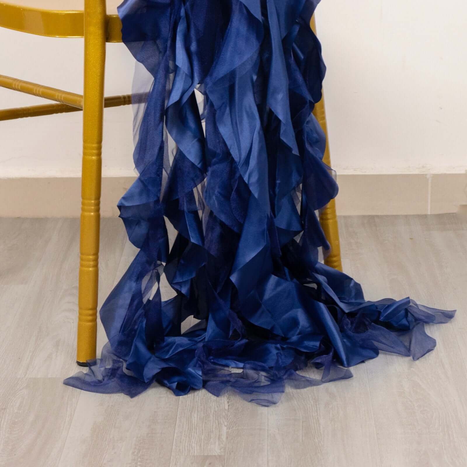 5 Pack Chiffon Satin Chair Sashes Navy Blue - Easy to Install Ruffled Curly Willow