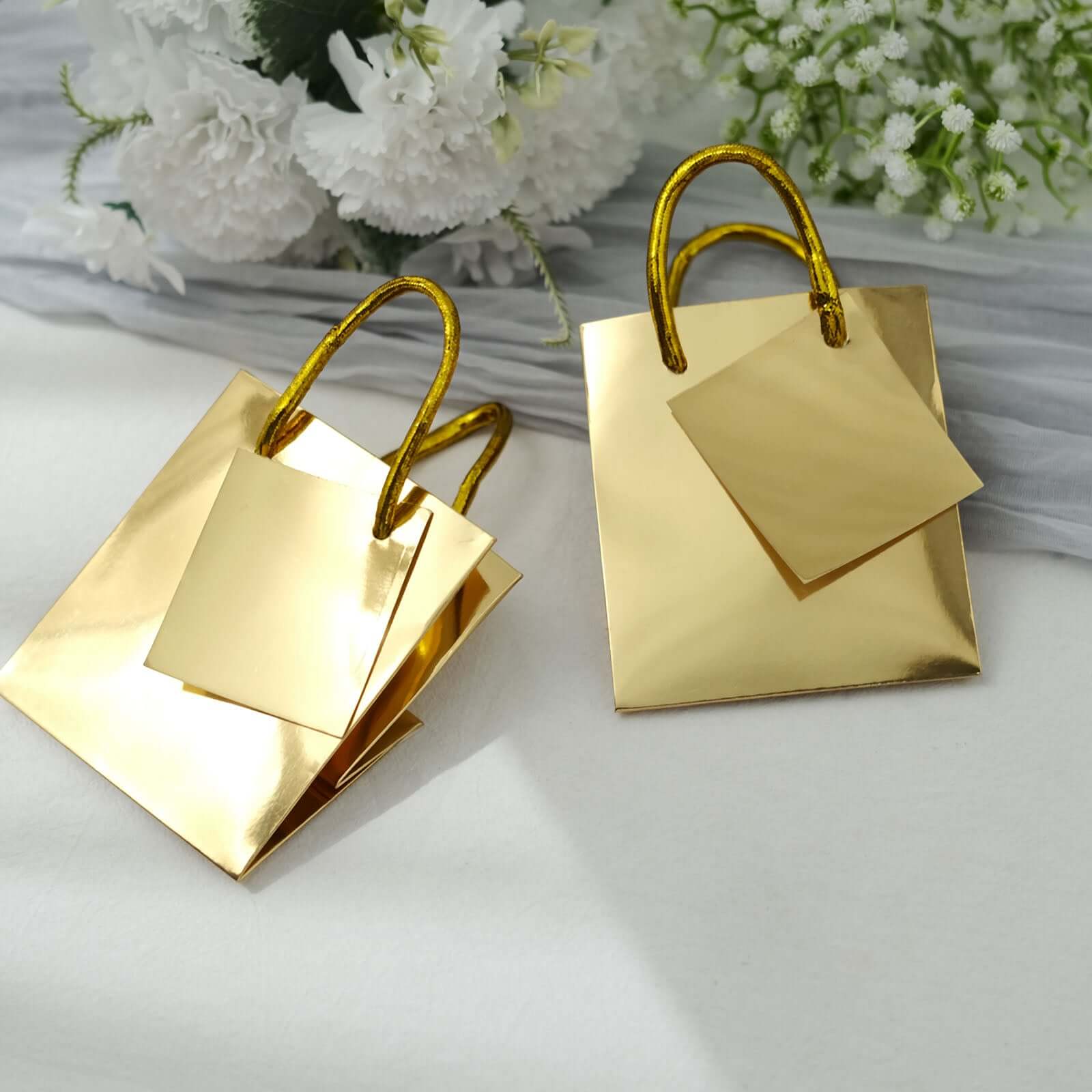 12 Pack 5 Shiny Metallic Gold Foil Paper Party Favor Bags With Handles, Small Gift Wrap Goodie Bags