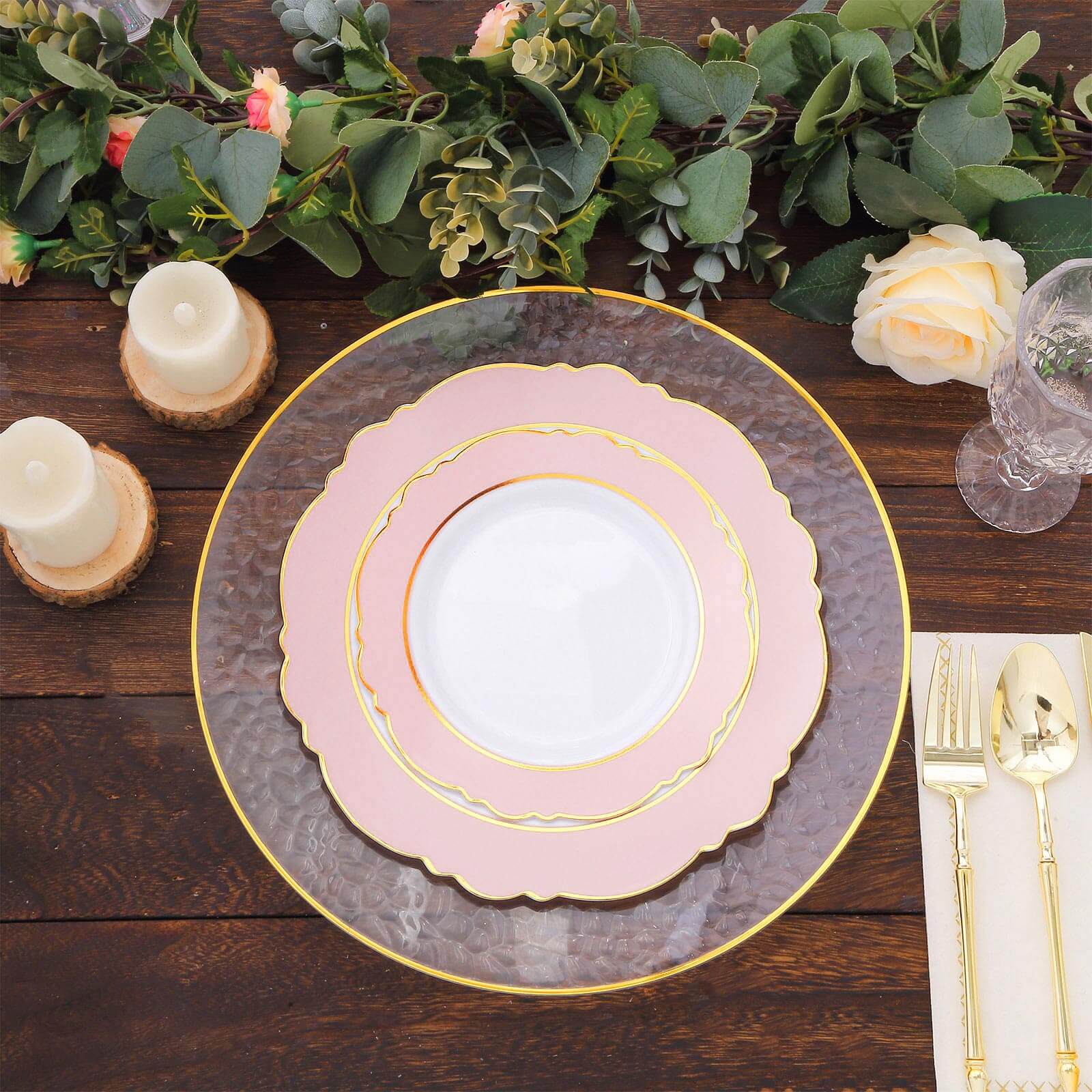 10-Pack Plastic 8 Round Dessert Plates in White with Blush Blossom Design & Gold Edging - Disposable Salad Appetizer Plates