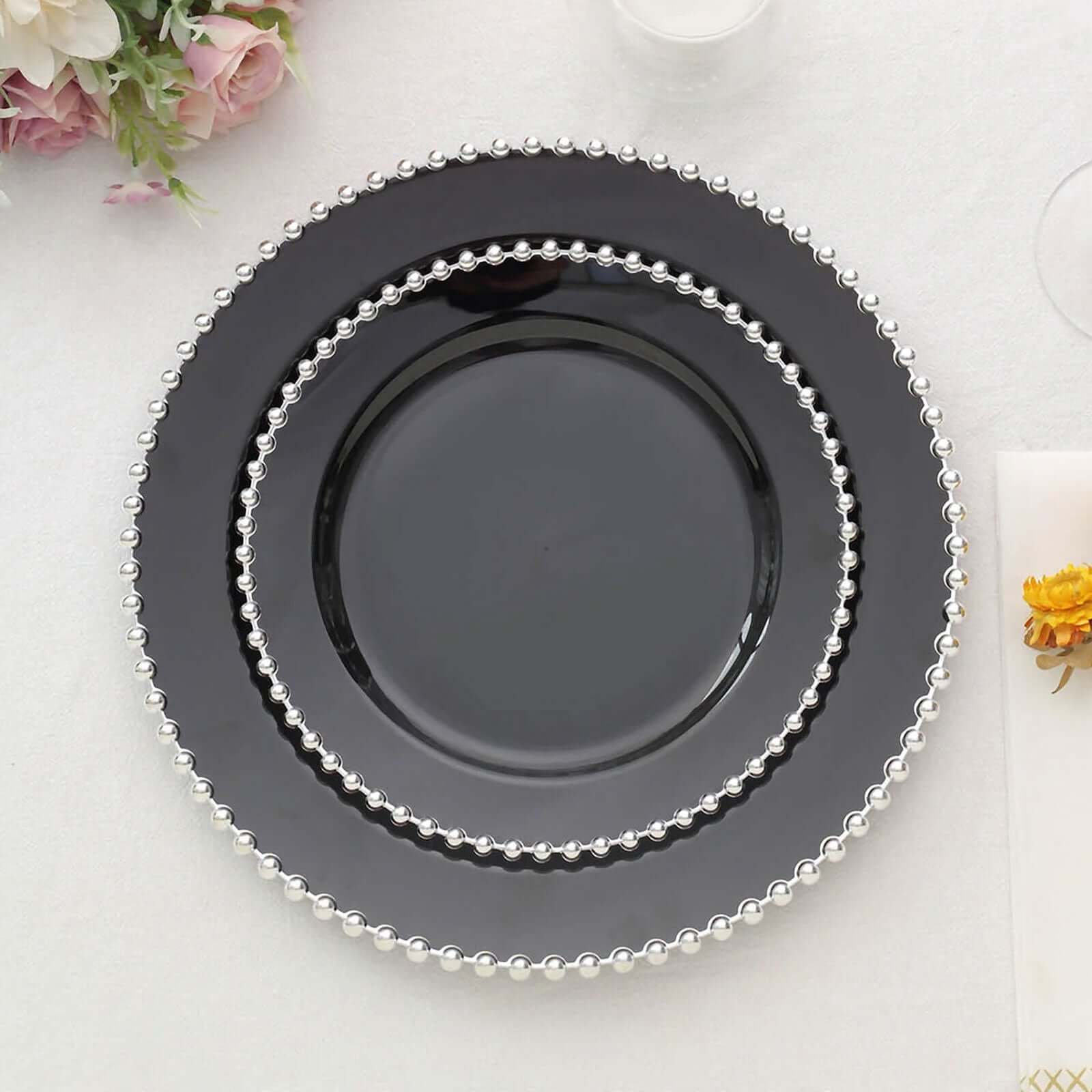 10-Pack Plastic 8 Round Appetizer Dessert Plates in Black with Silver Beaded Rim - Disposable Salad Plates