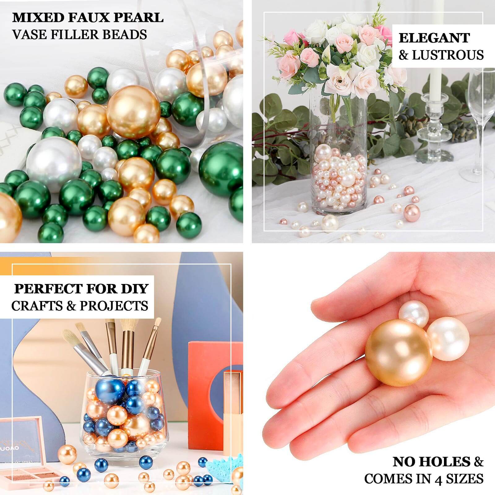 200Pcs Assorted Pearl Beads Vase Fillers in Green, Gold and White - Lustrous DIY Craft Bead Set