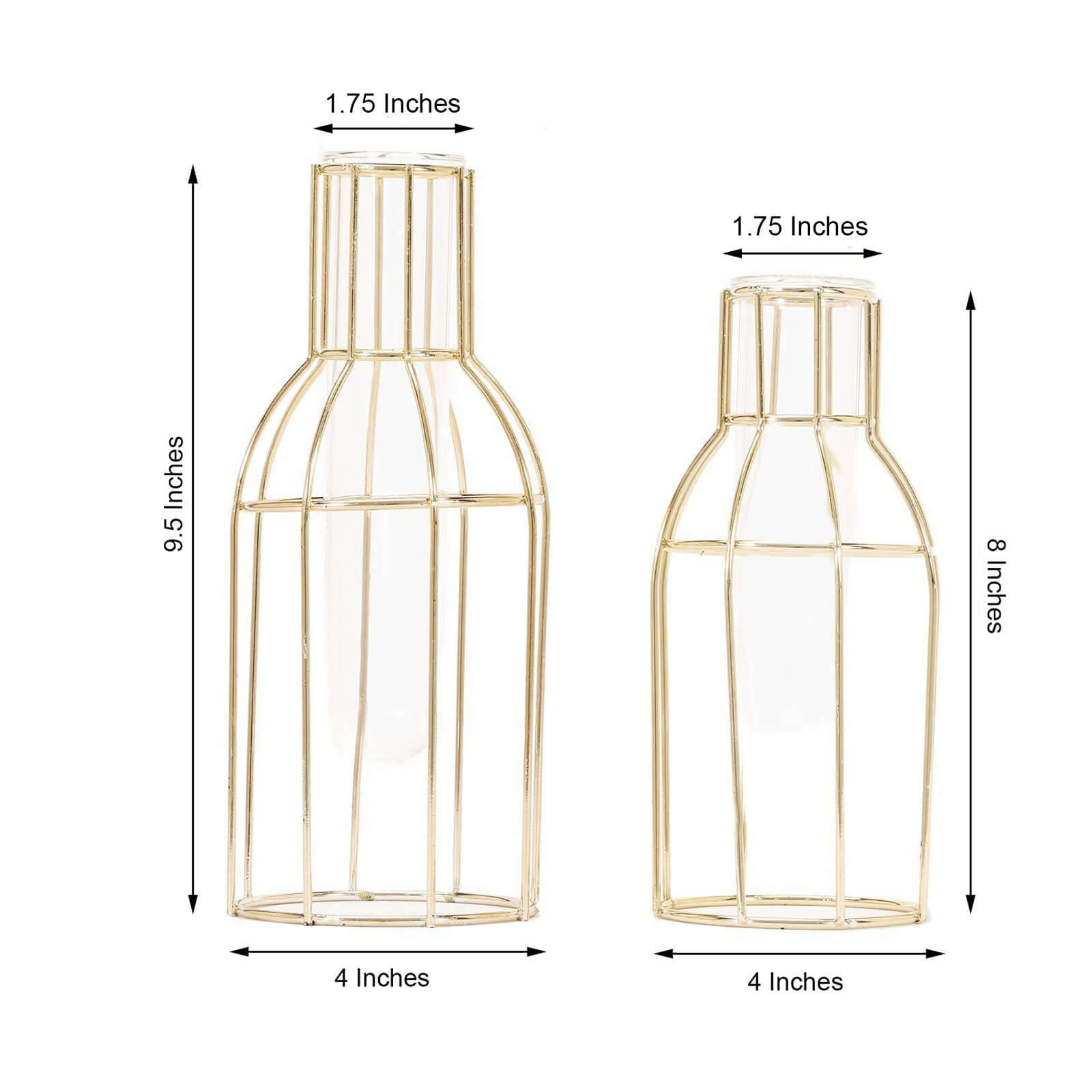 Set of 2 Wedding Centerpieces Gold Metal Frame Bottle Shaped Design - Geometric Glass Bud Vases 8,10