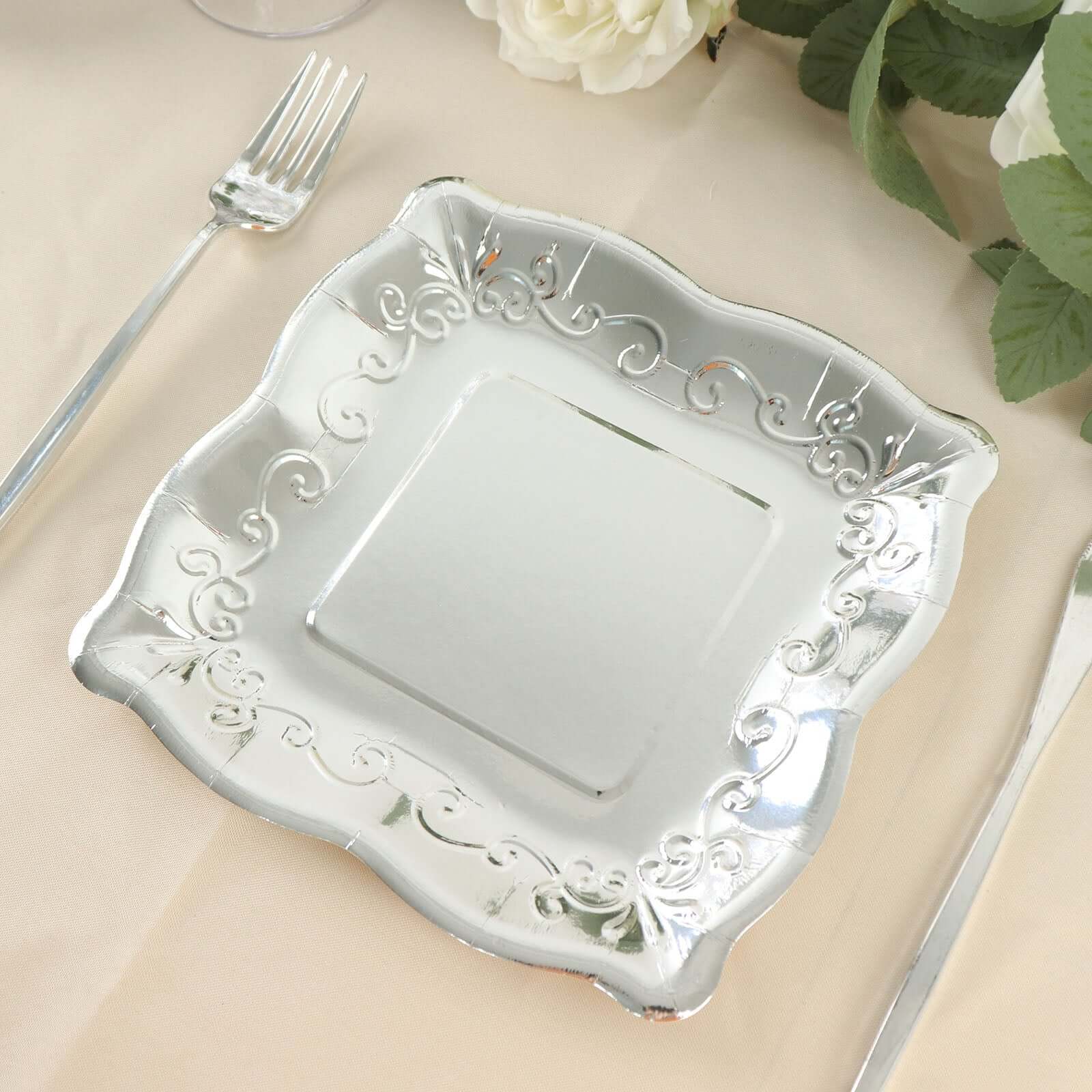 25-Pack Paper 7 Square Dessert Plates in Silver with Vintage Pottery Embossed Design - Shiny Metallic Disposable Appetizer Plates