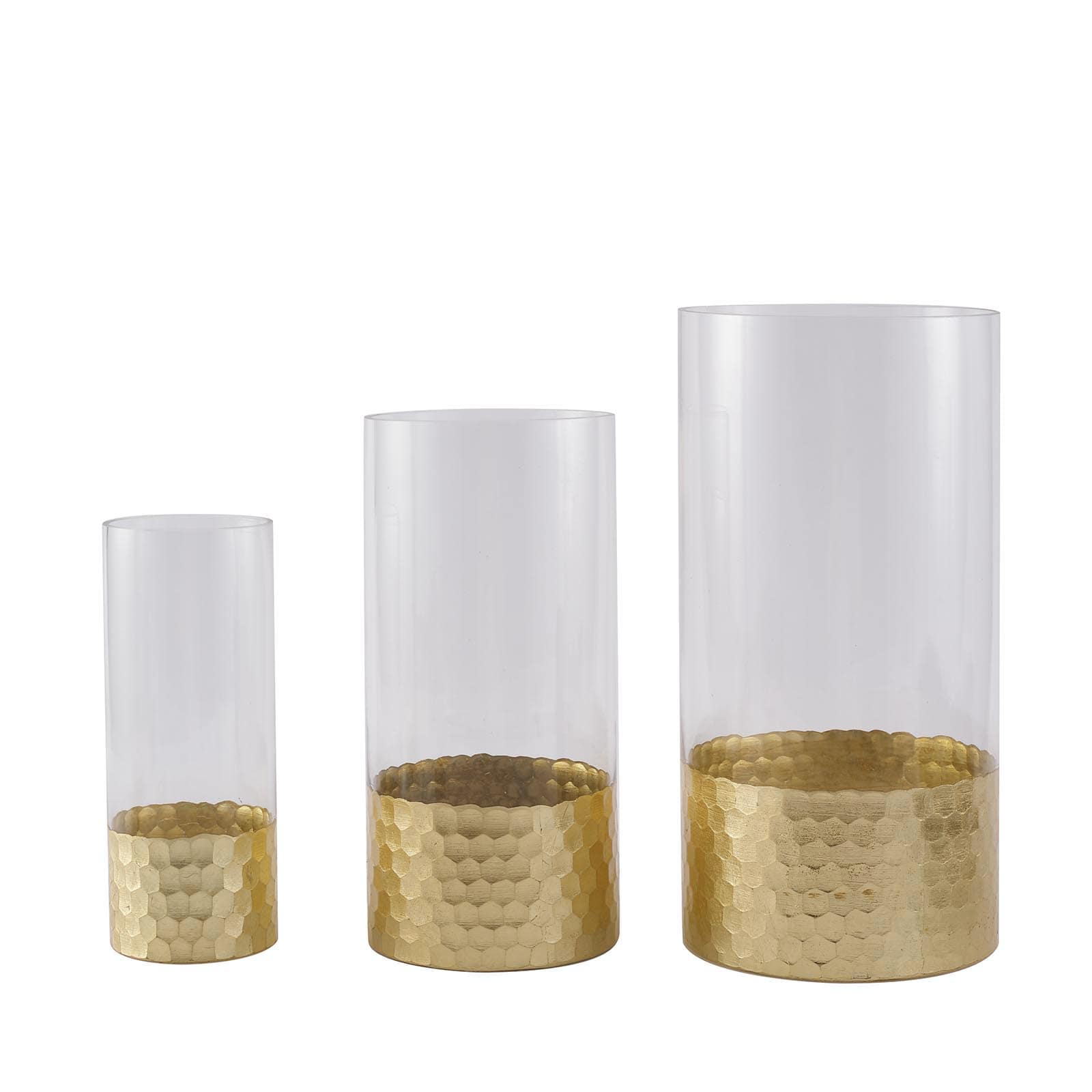 Set of 3 Clear Glass Cylinder Vases with Gold Honeycomb Base, Votive Tealight Candle Holder Set - 8,10,12