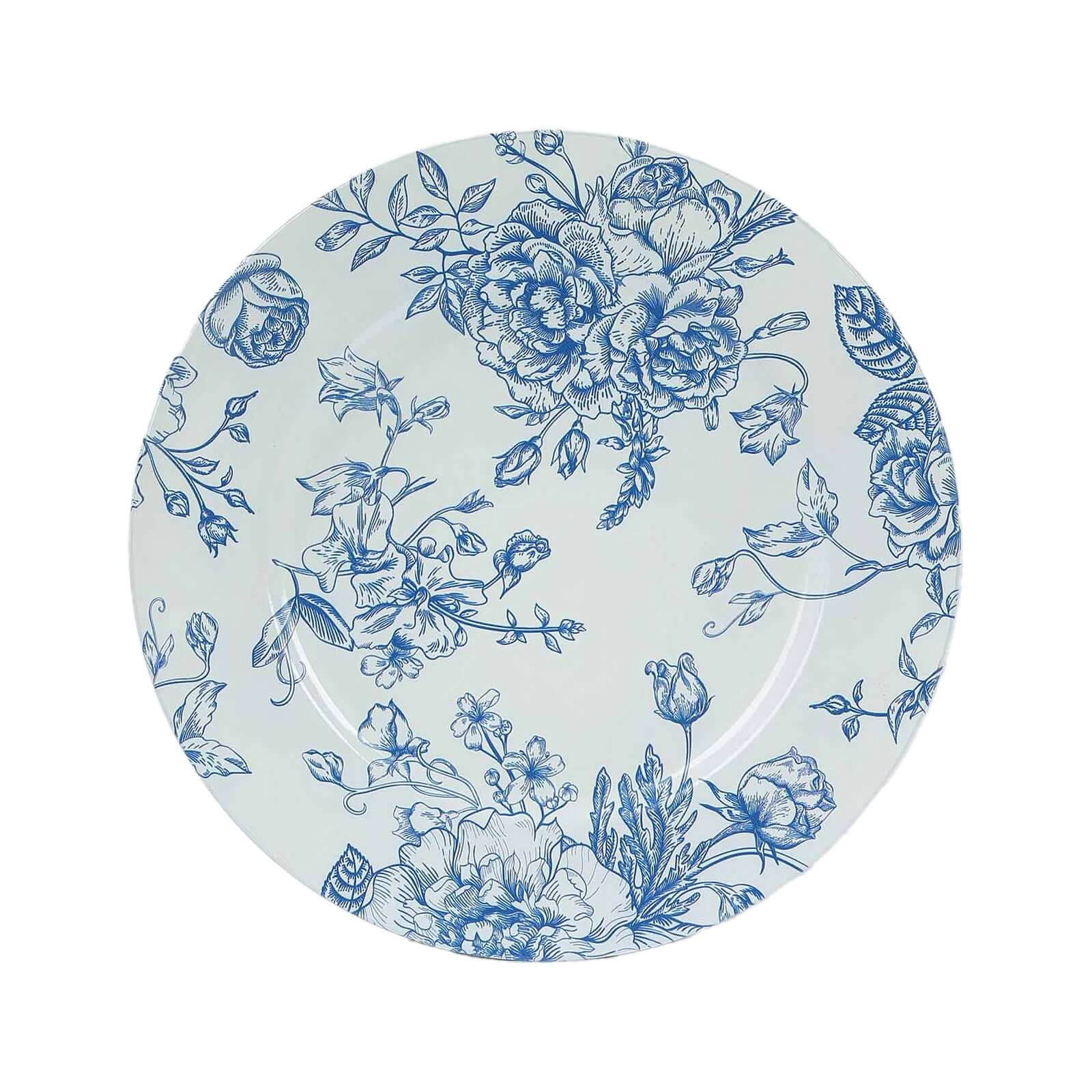 6-Pack Acrylic Round Charger Plates 13 in White with Light Blue Floral French Toile Pattern, Decorative Dinner Party Charger Tableware