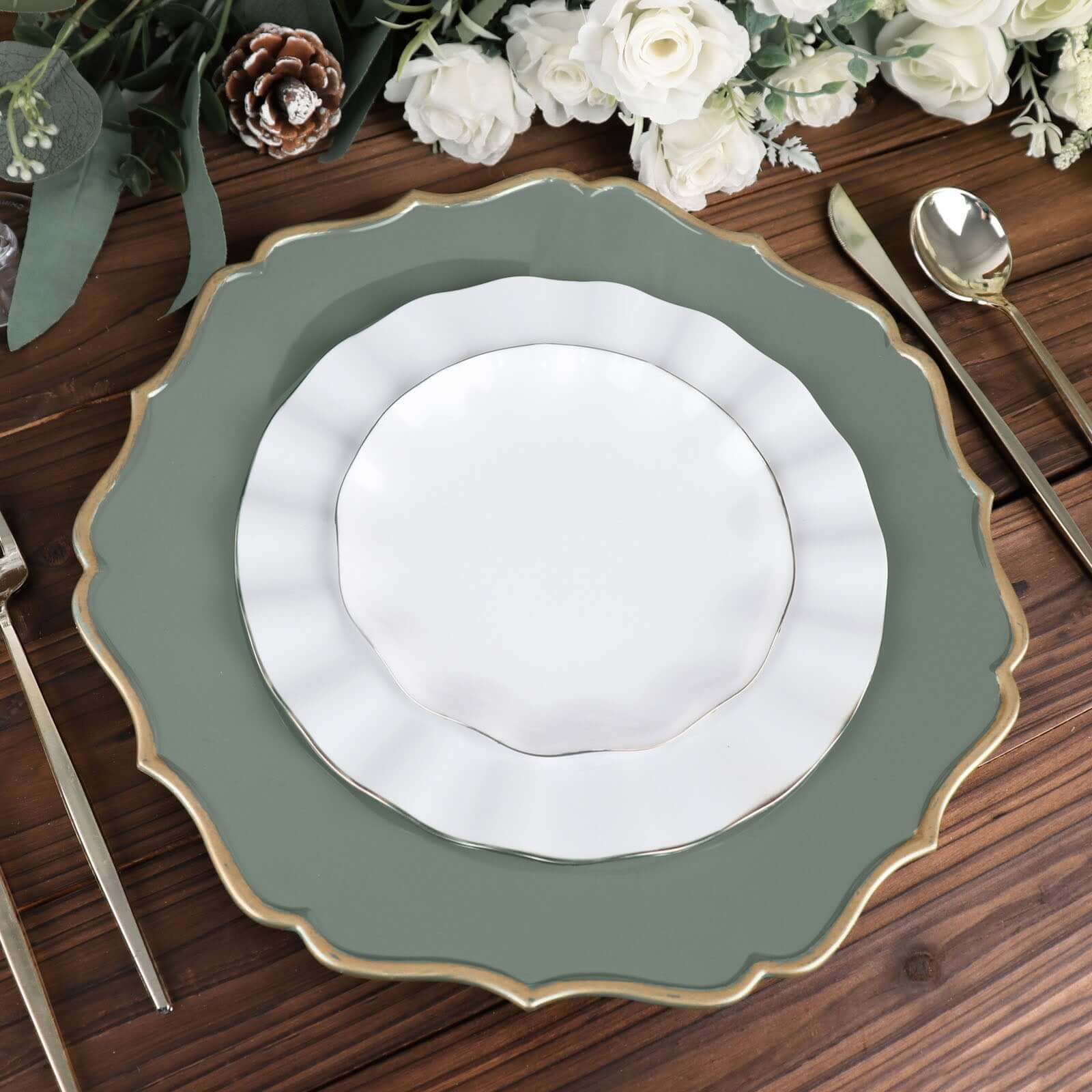 6-Pack Acrylic Round Charger Plates 13 in Olive Green with Gold Scalloped Rim, Decorative Dinner Party Plastic Charger Tableware