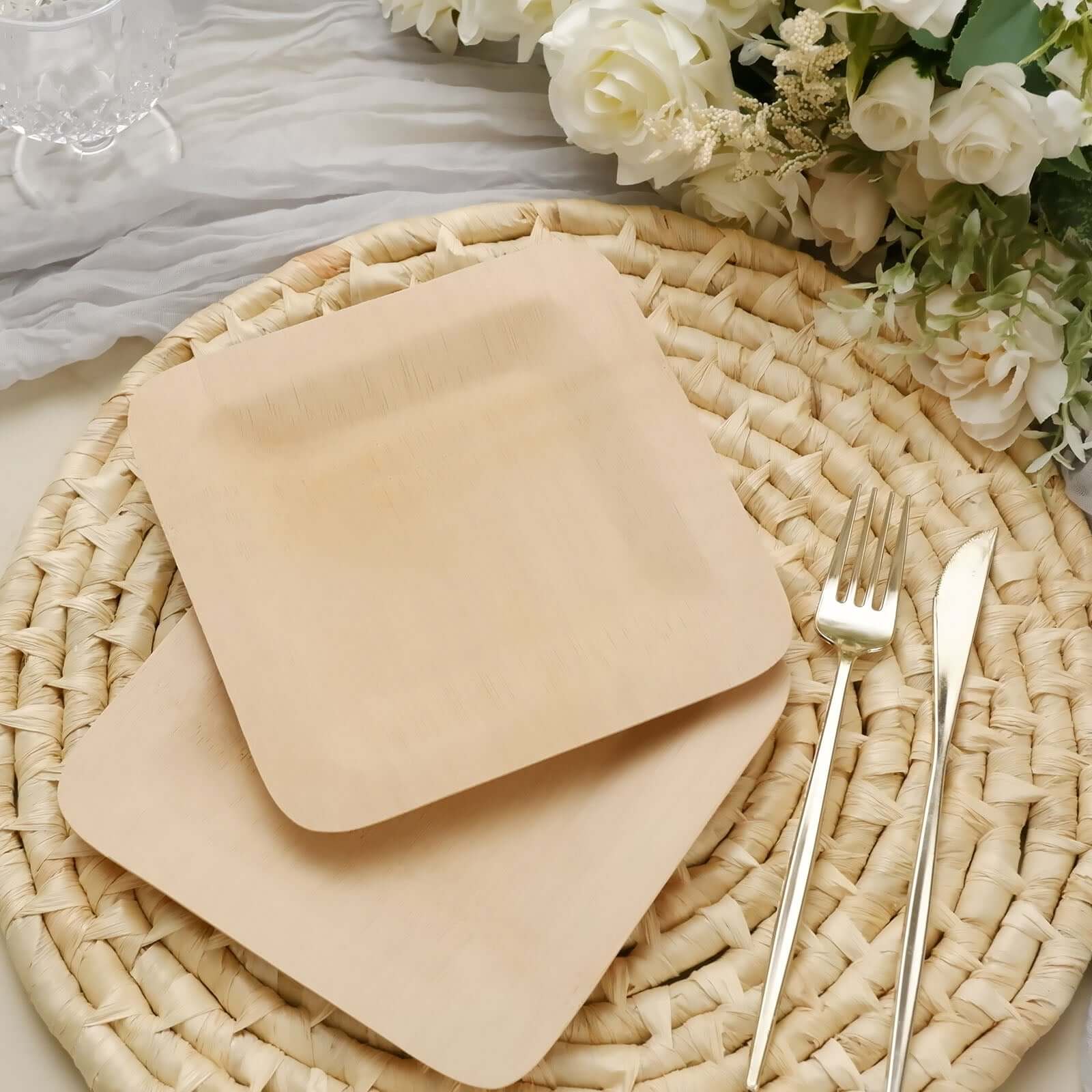 10-Pack Bamboo 9 Square Dinner Plates - Natural Eco Friendly Disposable Dinnerware for Farmhouse-Style Events, Parties & Gatherings