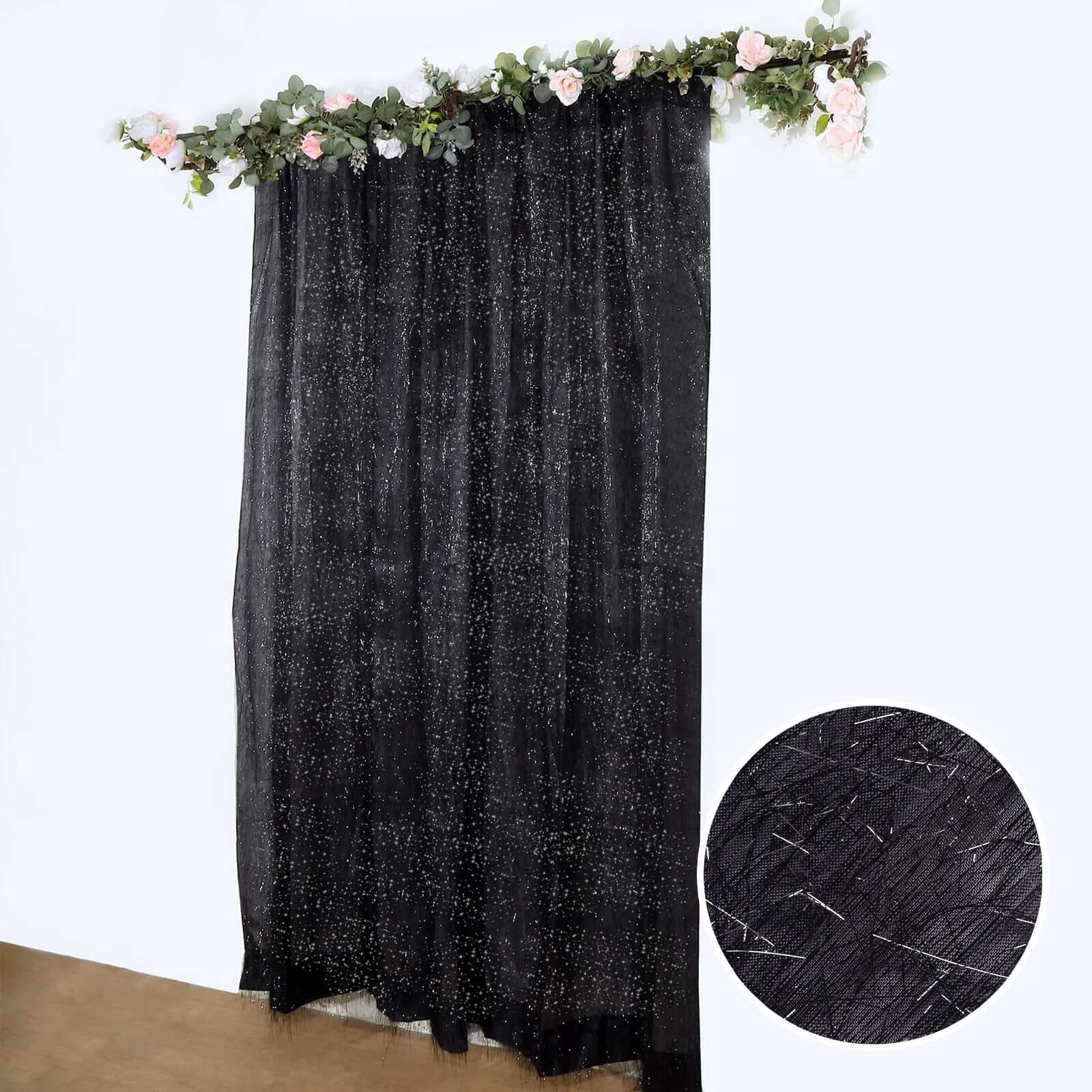 8ft Black Metallic Fringe Shag Event Drapery Panel, Shimmery Tinsel Polyester Divider Backdrop Curtain