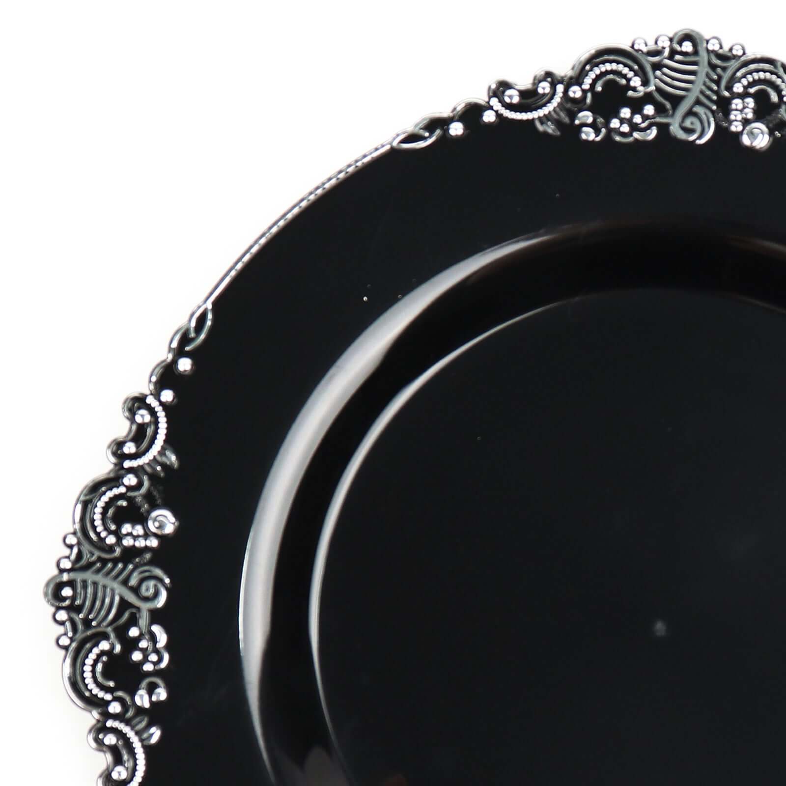 10-Pack Plastic 8 Round Dessert Plates in Black with Silver Leaf Embossed Rim - Disposable Vintage Baroque Style Salad Plates