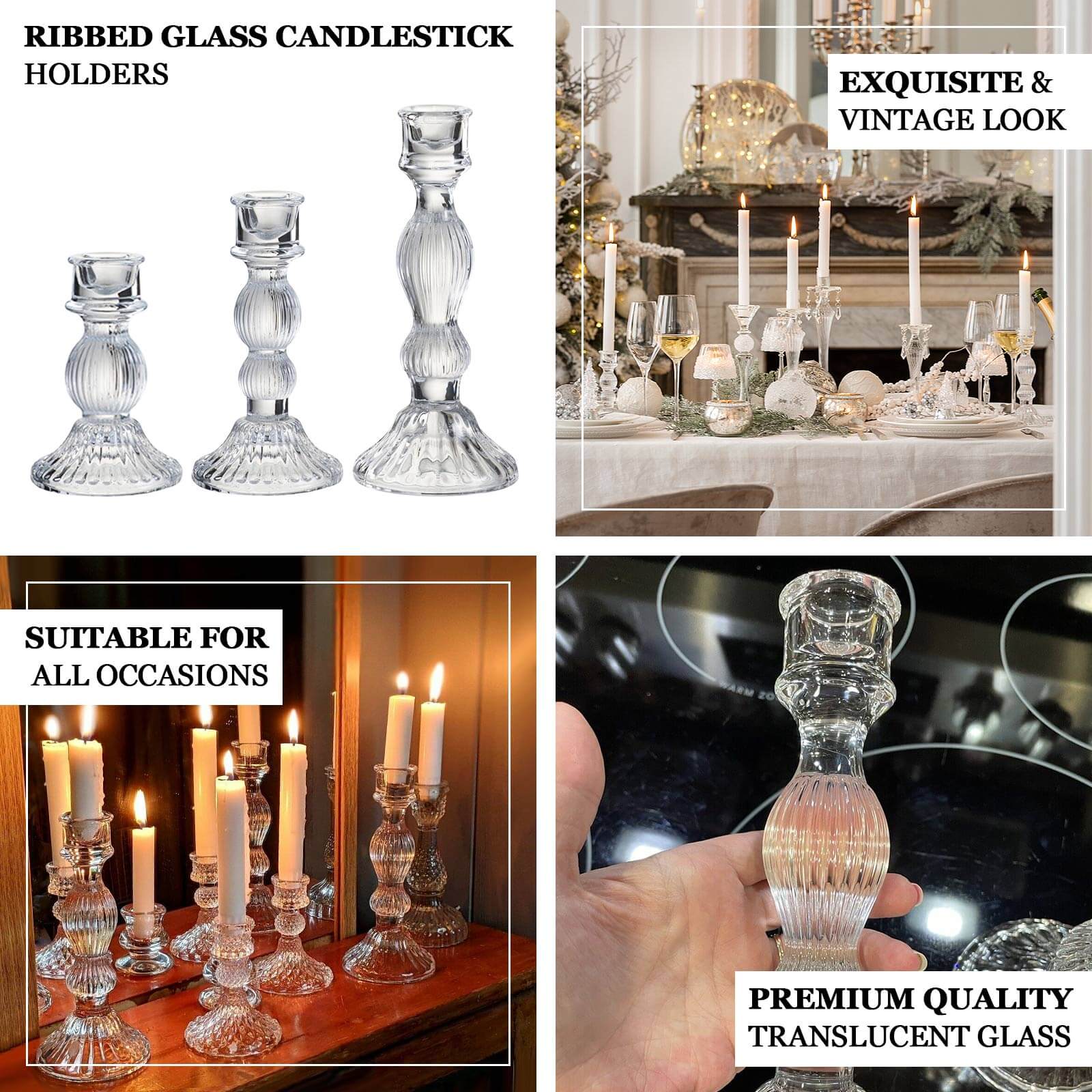 Set of 3 Glass Taper Candle Holders Fluted Design Clear - Ribbed Crystal Candlestick Stands 4, 6, 8