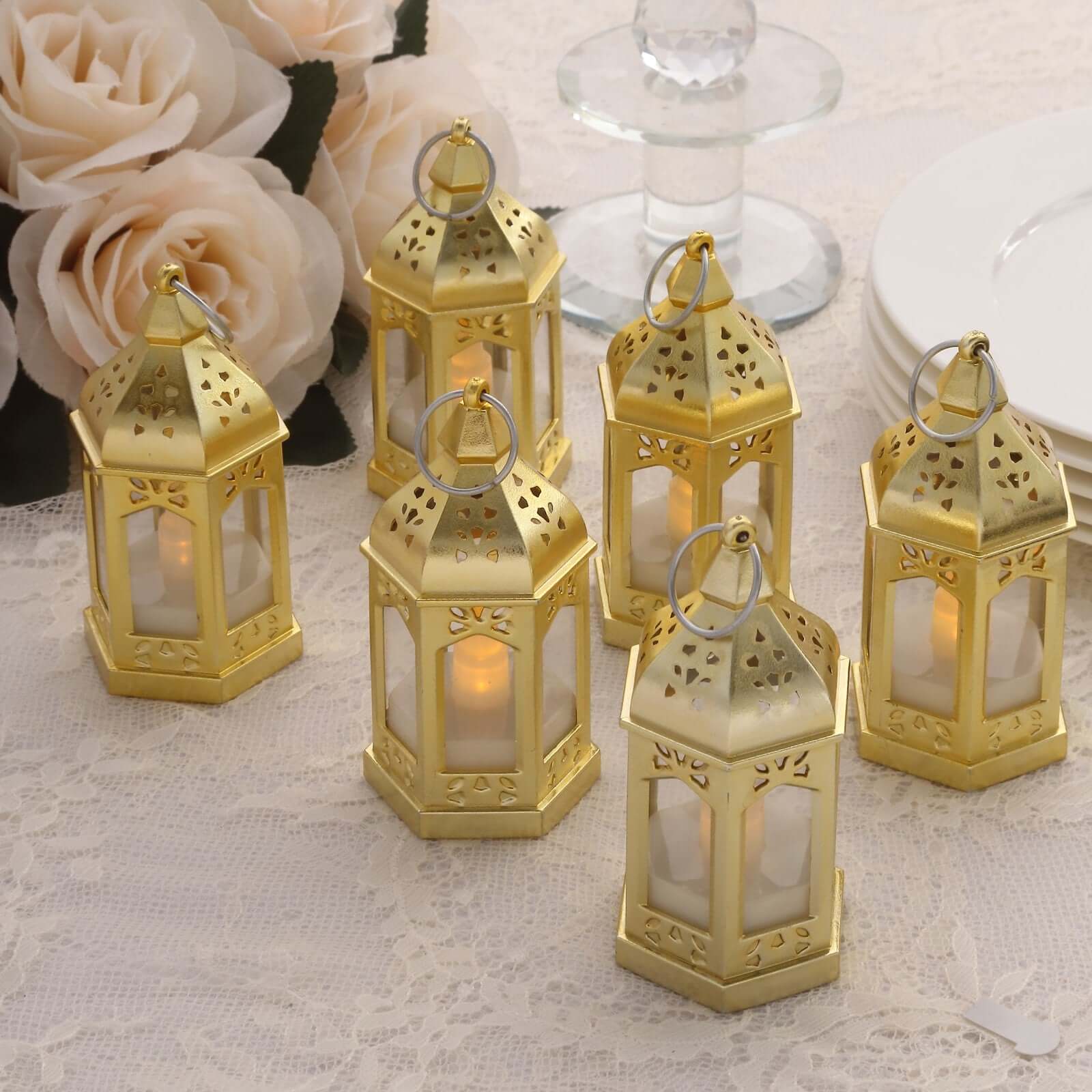 6-Pack LED Tealights Warm White Moroccan Style Gold - Battery Operated Mini Lantern Candle Lamp Centerpieces 3.5