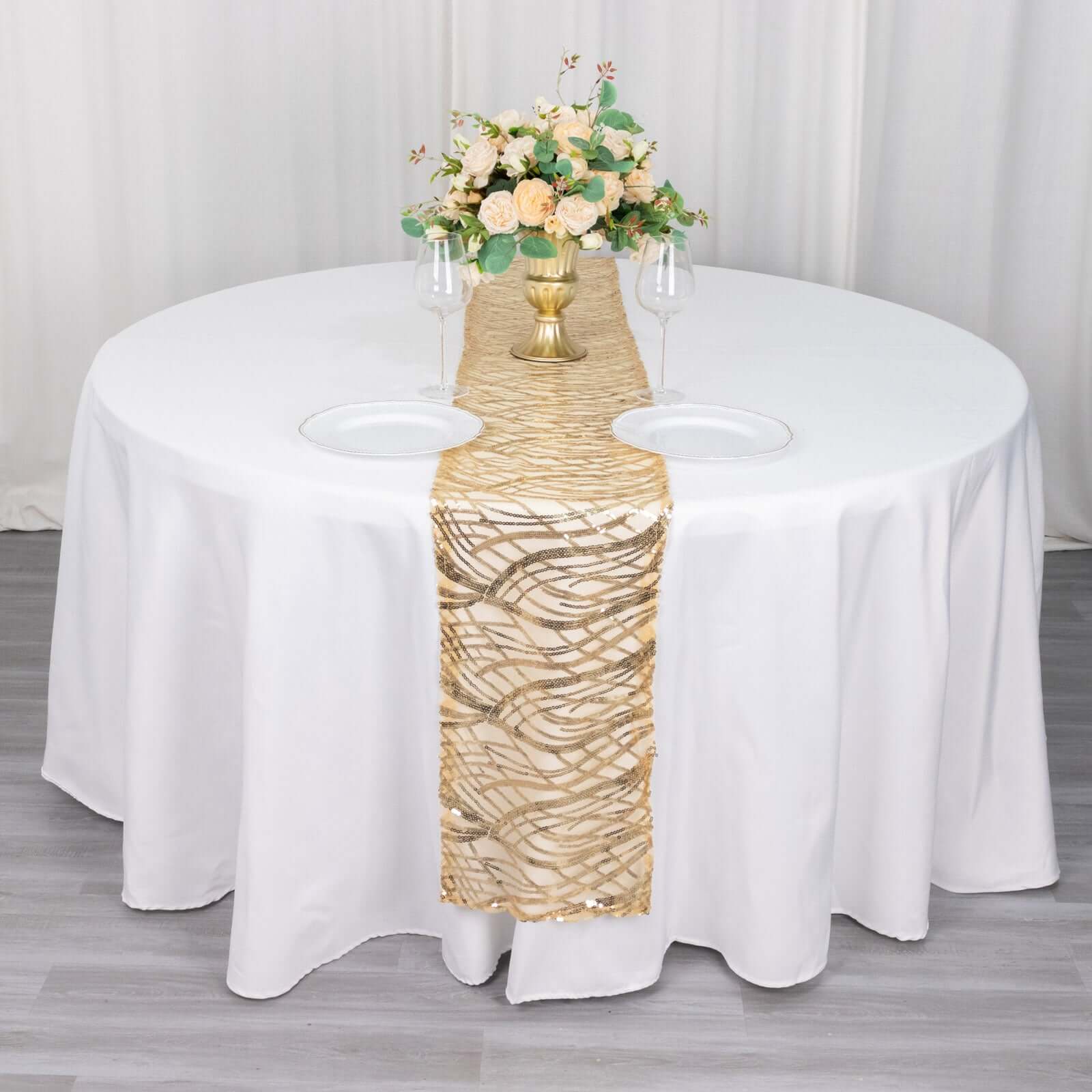 Sequin Mesh 12x108 Table Runner Champagne Stylish Wave Embroidery