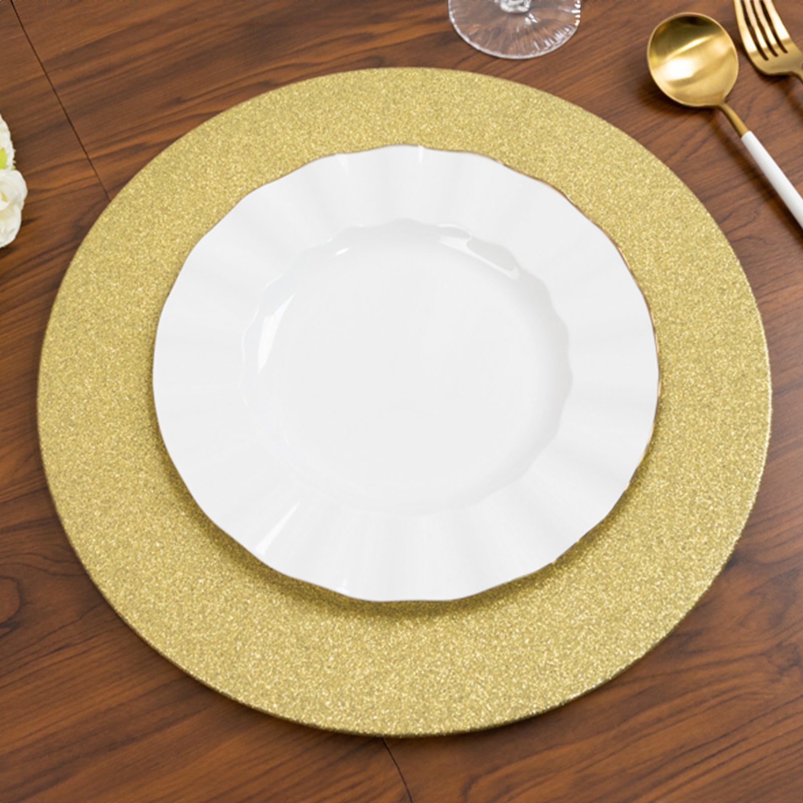 6-Pack Acrylic Plastic Round Charger Plates 13 in Gold with Dust Free Glitter Finish, Decorative Dinner Party Charger Tableware