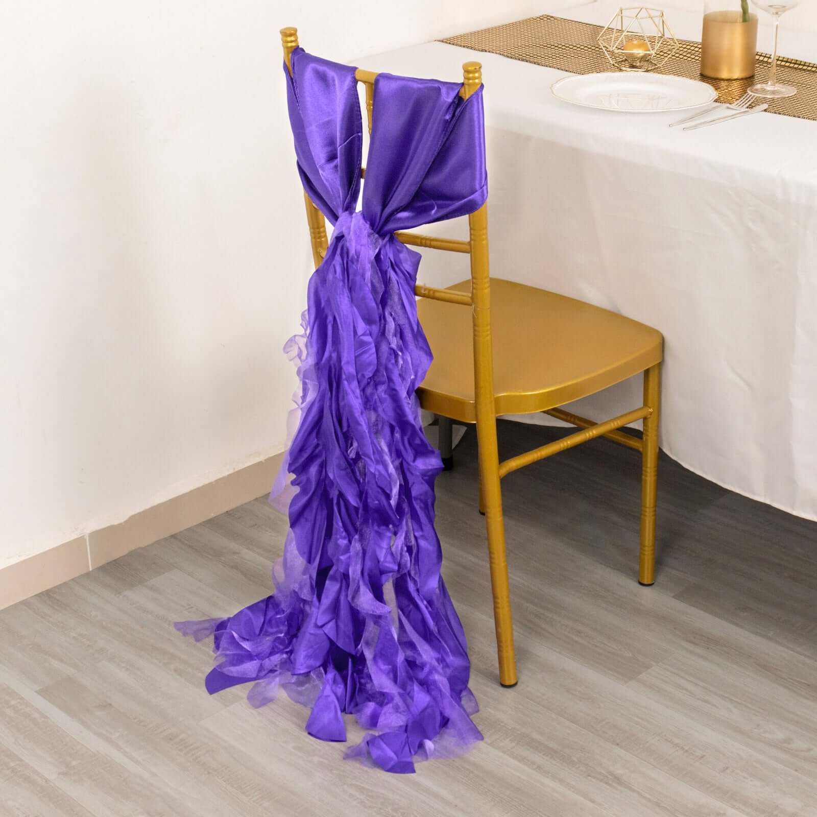 5 Pack Chiffon Satin Chair Sashes Purple - Easy to Install Ruffled Curly Willow