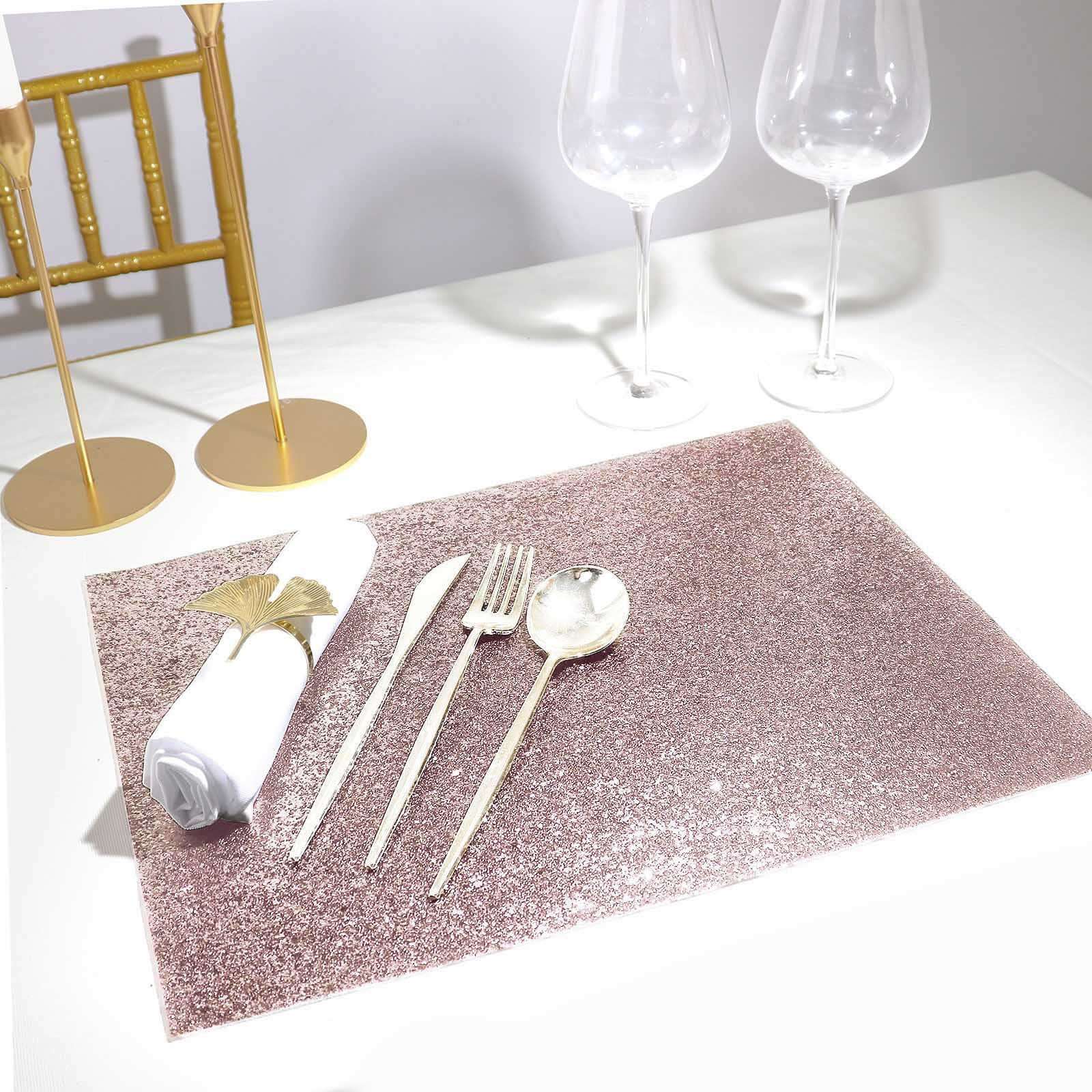 6-Pack Placemats Glitter Design Rose Gold Sparkle Rectangle - Non-Slip Decorative Dining Table Mats 12x18