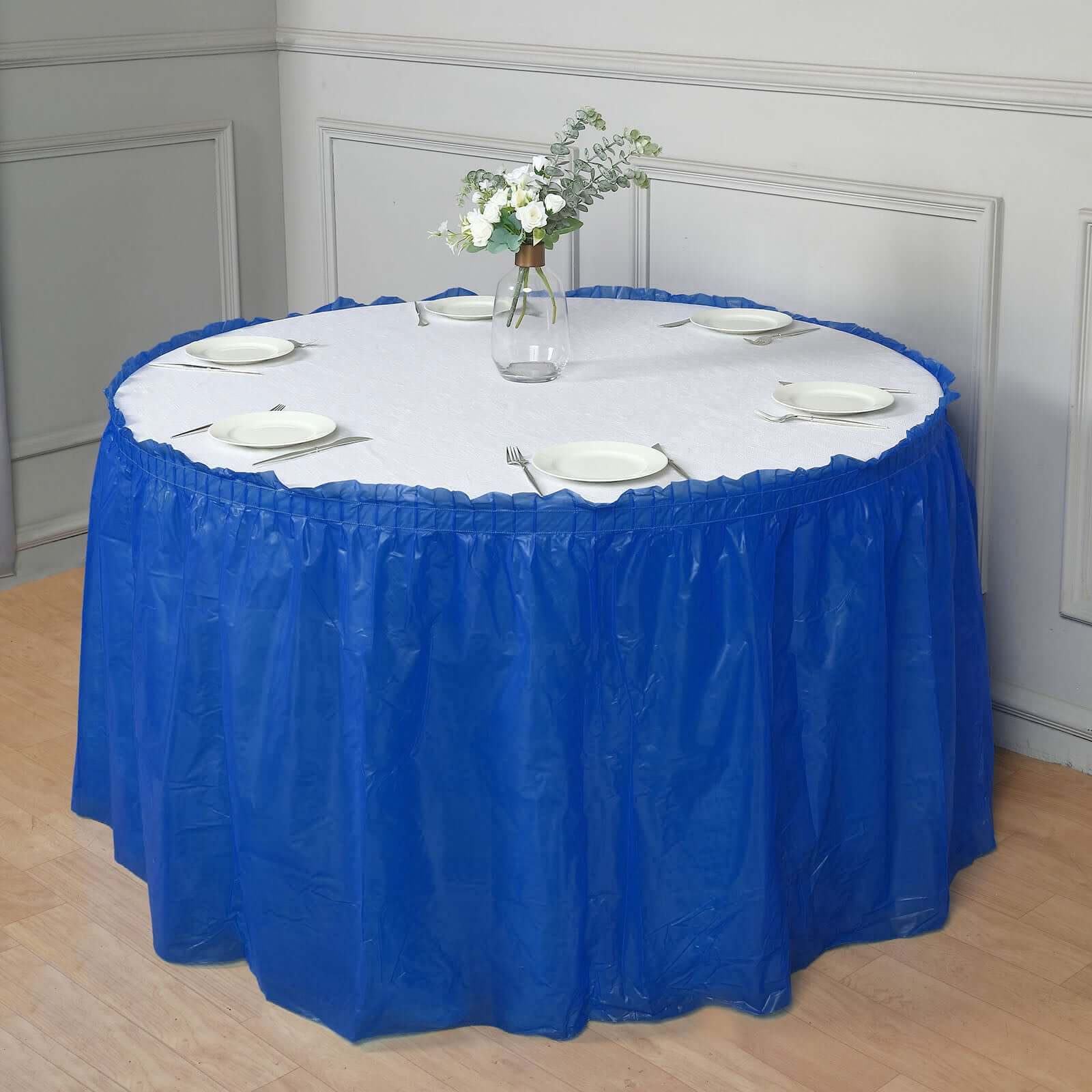 Plastic Table Skirt Royal Blue Ruffled - Durable Disposable Skirt for Events 14ft