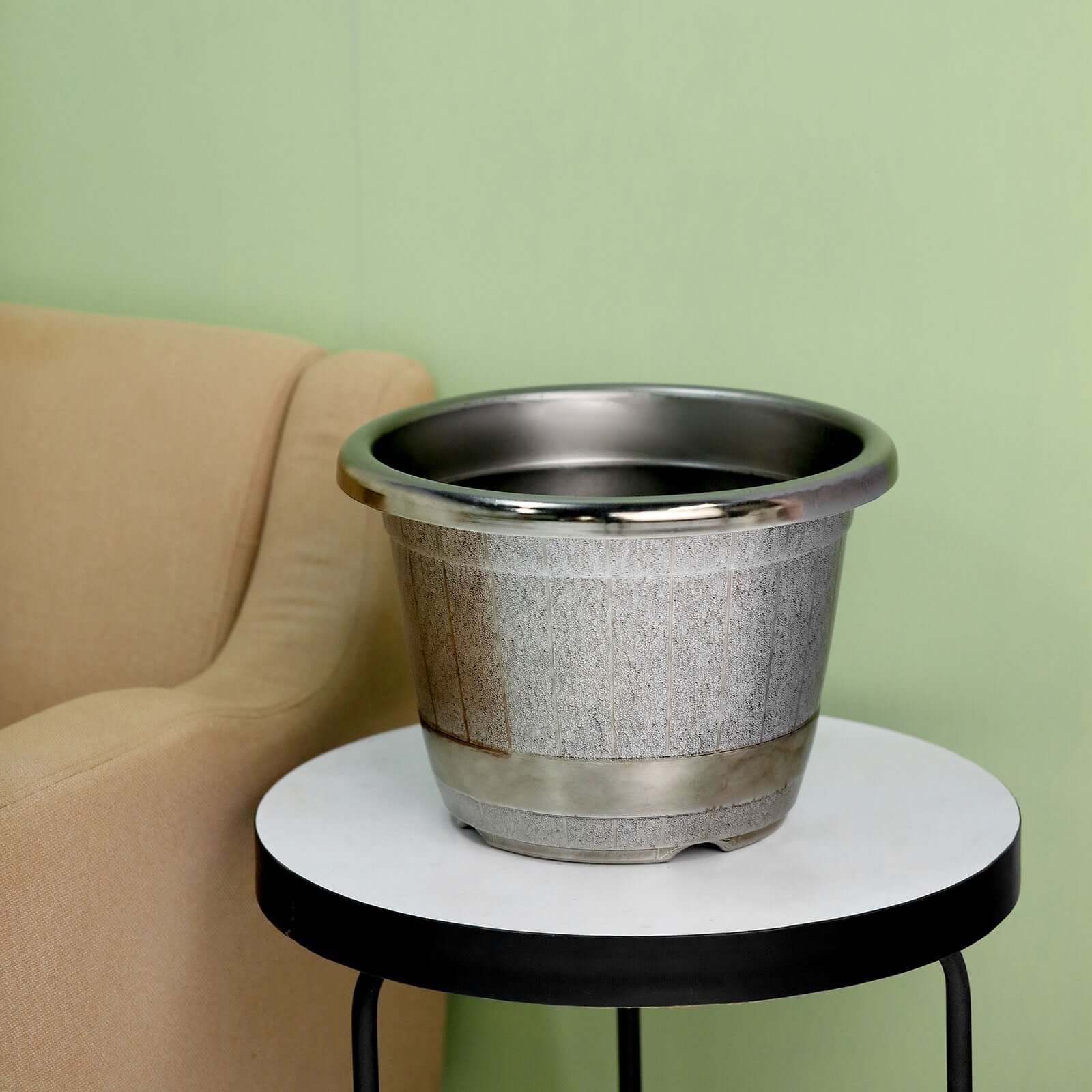 14 Silver Chrome Finished Rim Large Barrel Planter Pot, Indoor Outdoor Decorative Flower Pot