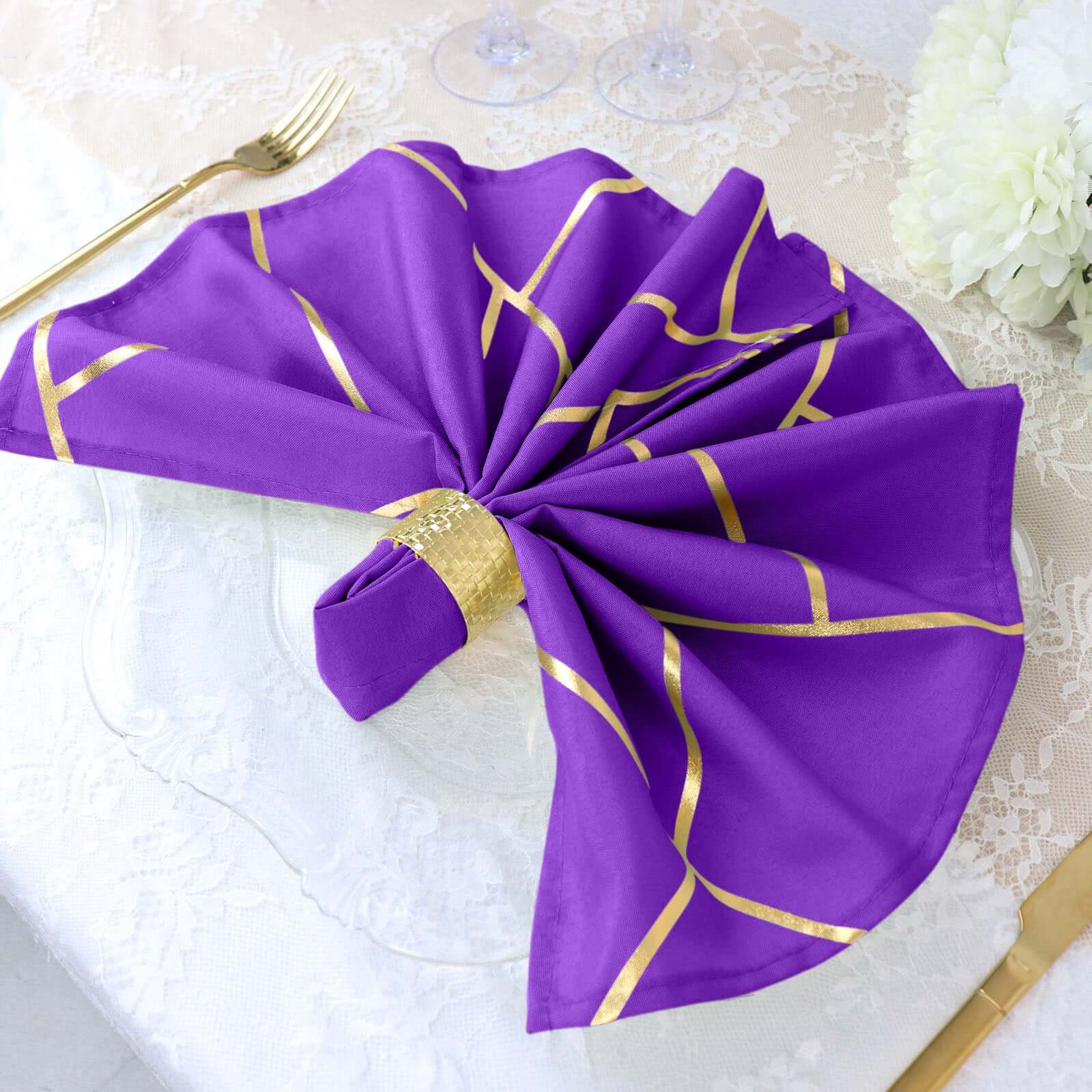 5 Pack Polyester 20x20 Napkins Purple with Gold Geometric Foil Pattern - Modern Reusable Dinner Napkins