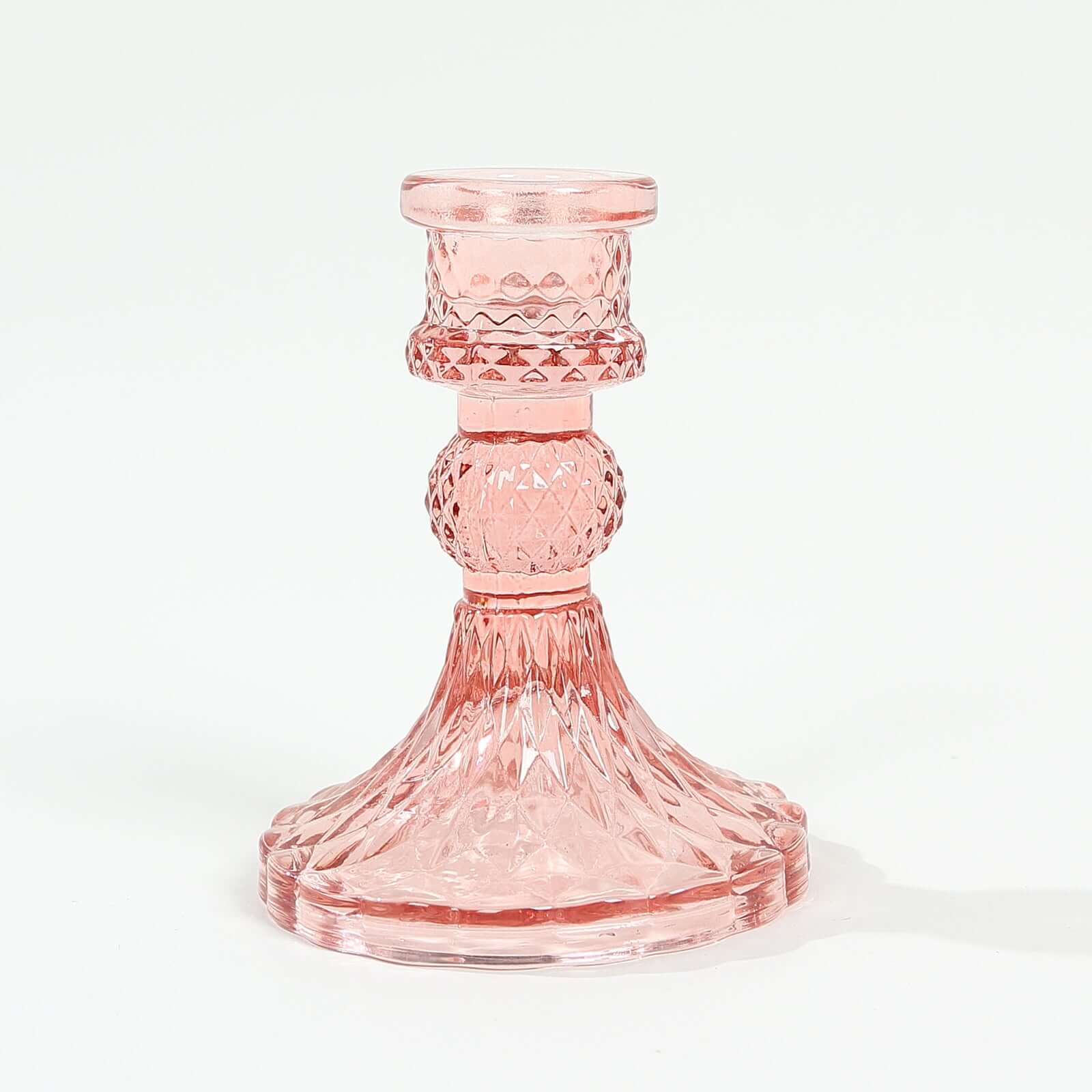 6-Pack Glass Taper Candlestick Holders Diamond Pattern Design Dusty Rose - Reversible Crystal Pillar Votive Stands 4