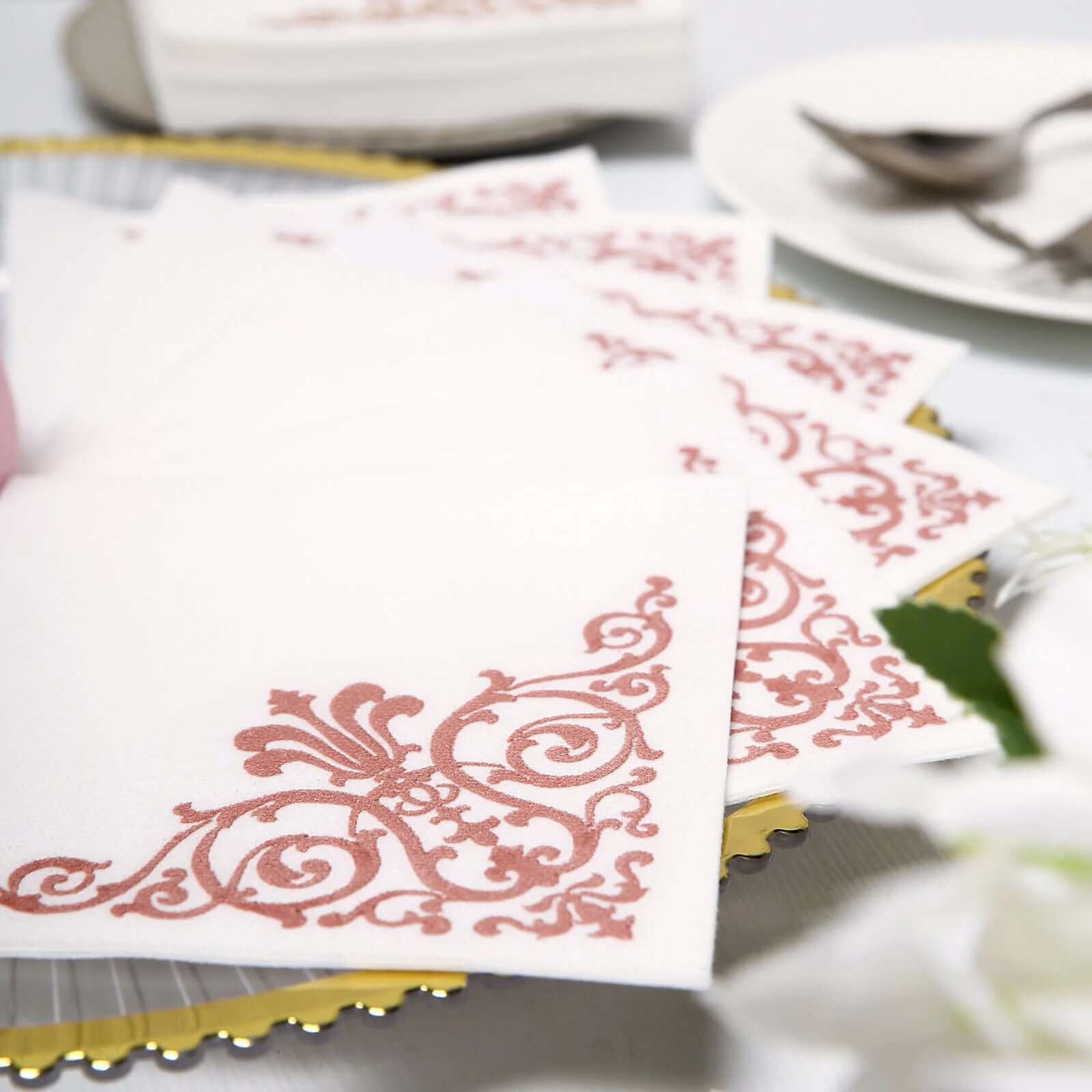 20 Pack Linen-Like Paper 5x5 Napkins White - Rose Gold Fleur Vintage Airlaid Cocktail Napkins