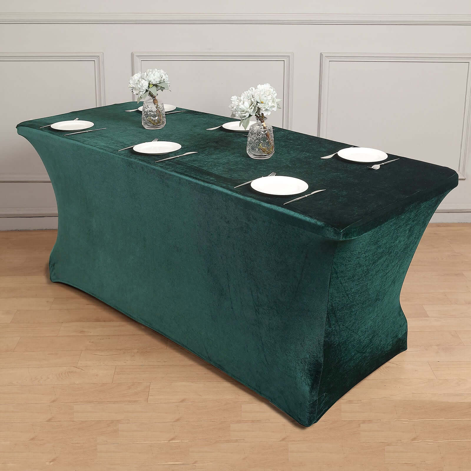 Velvet Spandex 6ft Rectangle Tablecloth Hunter Emerald Green - Fitted Wrinkle-Free Design for 72x30 Tables