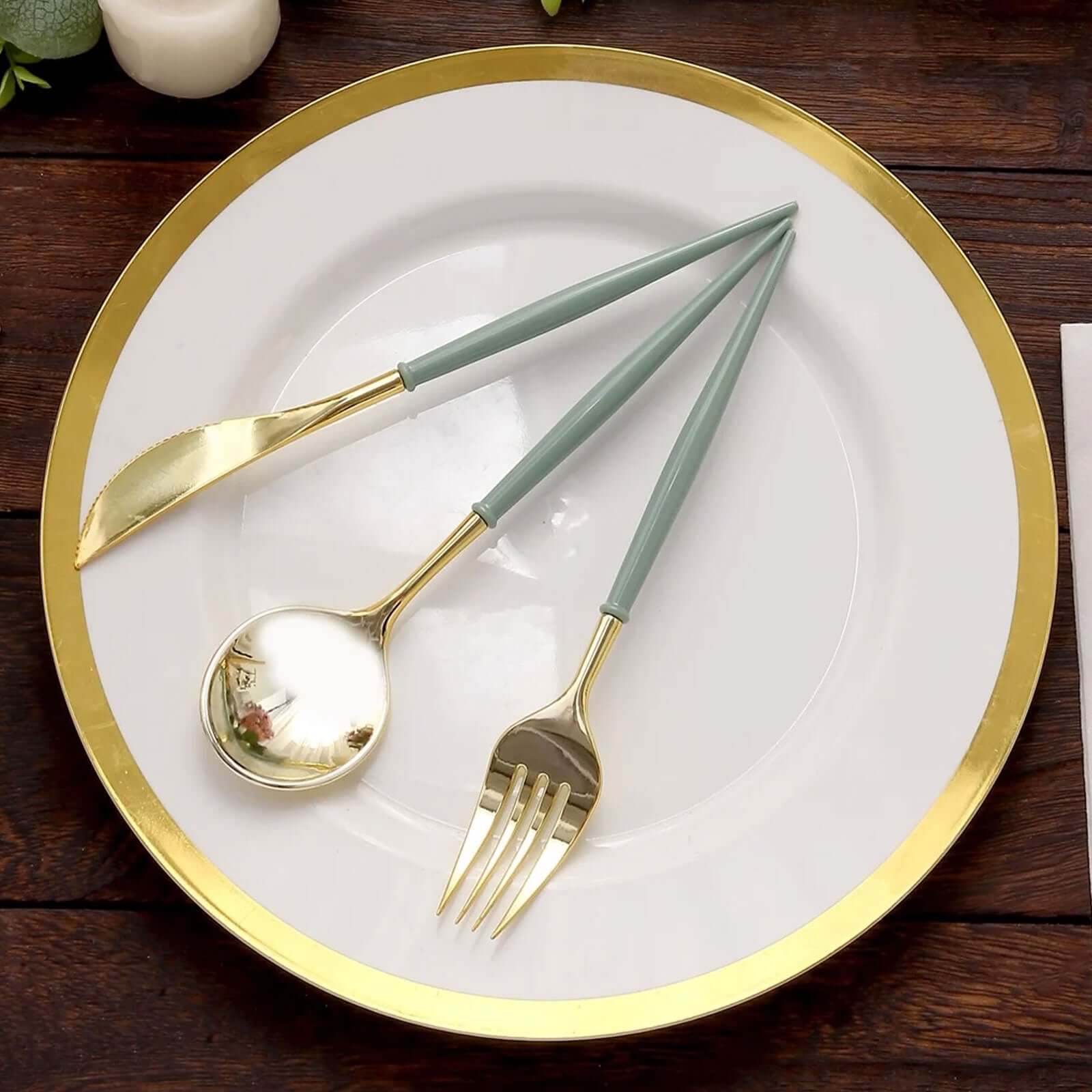 24-Pack Plastic Flatware Set in Metallic Gold with Dusty Sage Green Handle - Heavy Duty Disposable Modern Silverware 8