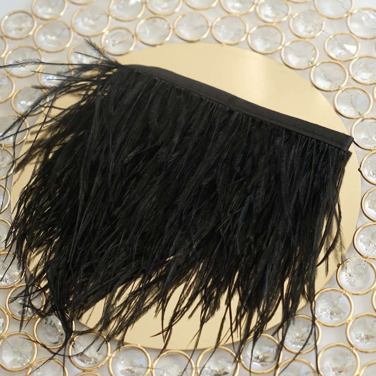 39 Black Real Ostrich Feather Fringe Trim With Satin Ribbon Tape