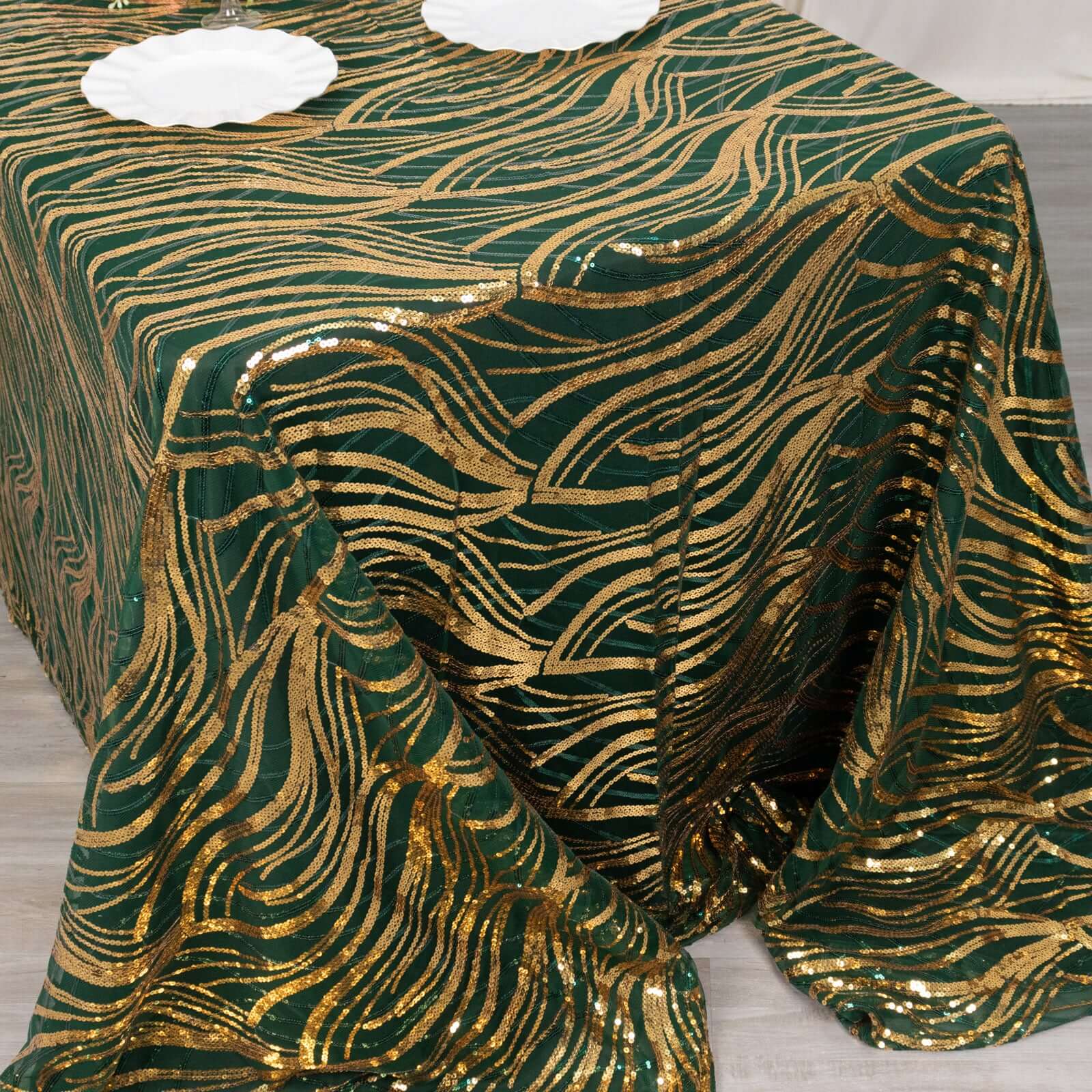 Mesh 90x156 Rectangle Tablecloth Hunter Emerald Green/Gold - Wave Sequin Embroidered Table Cover