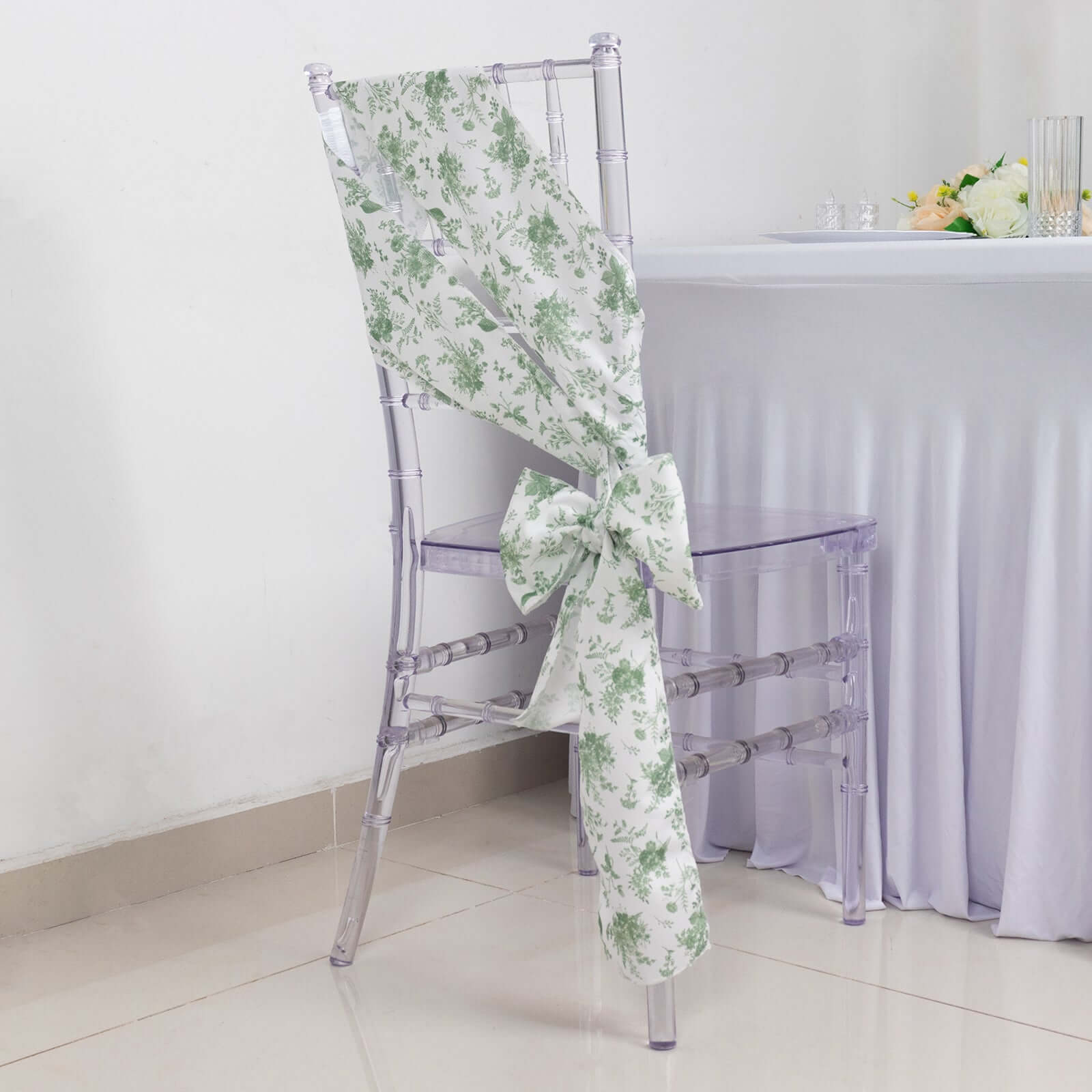 5 Pack Polyester Chair Sashes Dusty Sage Green French Toile Floral Design - Stylish Durable and Reusable Chair Bows 6x108