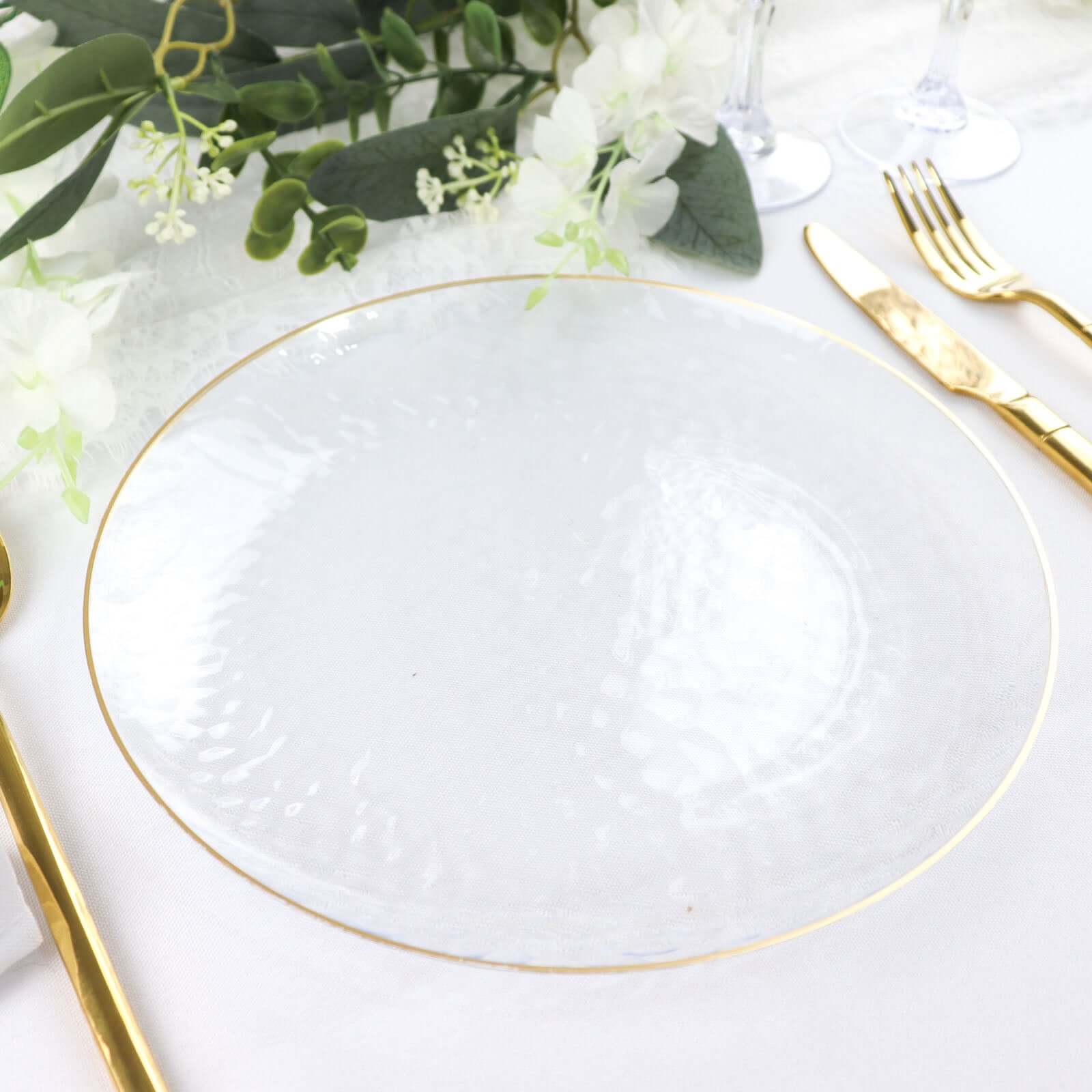 10-Pack Plastic 9 Round Dinner Plates in Clear Hammered Design with Gold Rim - Modern Disposable Party Plates for Events & Banquets