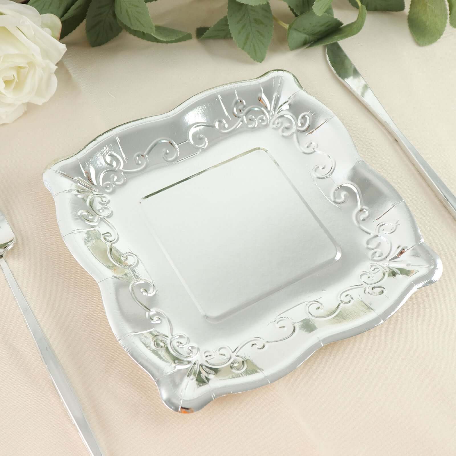 25-Pack Paper 7 Square Dessert Plates in Silver with Vintage Pottery Embossed Design - Shiny Metallic Disposable Appetizer Plates