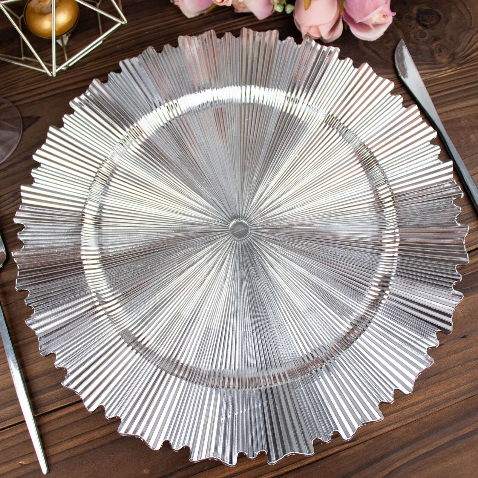 6-Pack Acrylic Plastic Round Charger Plates 13 in Metallic Silver with Sunray Scalloped Rim, Decorative Dinner Party Charger Tableware