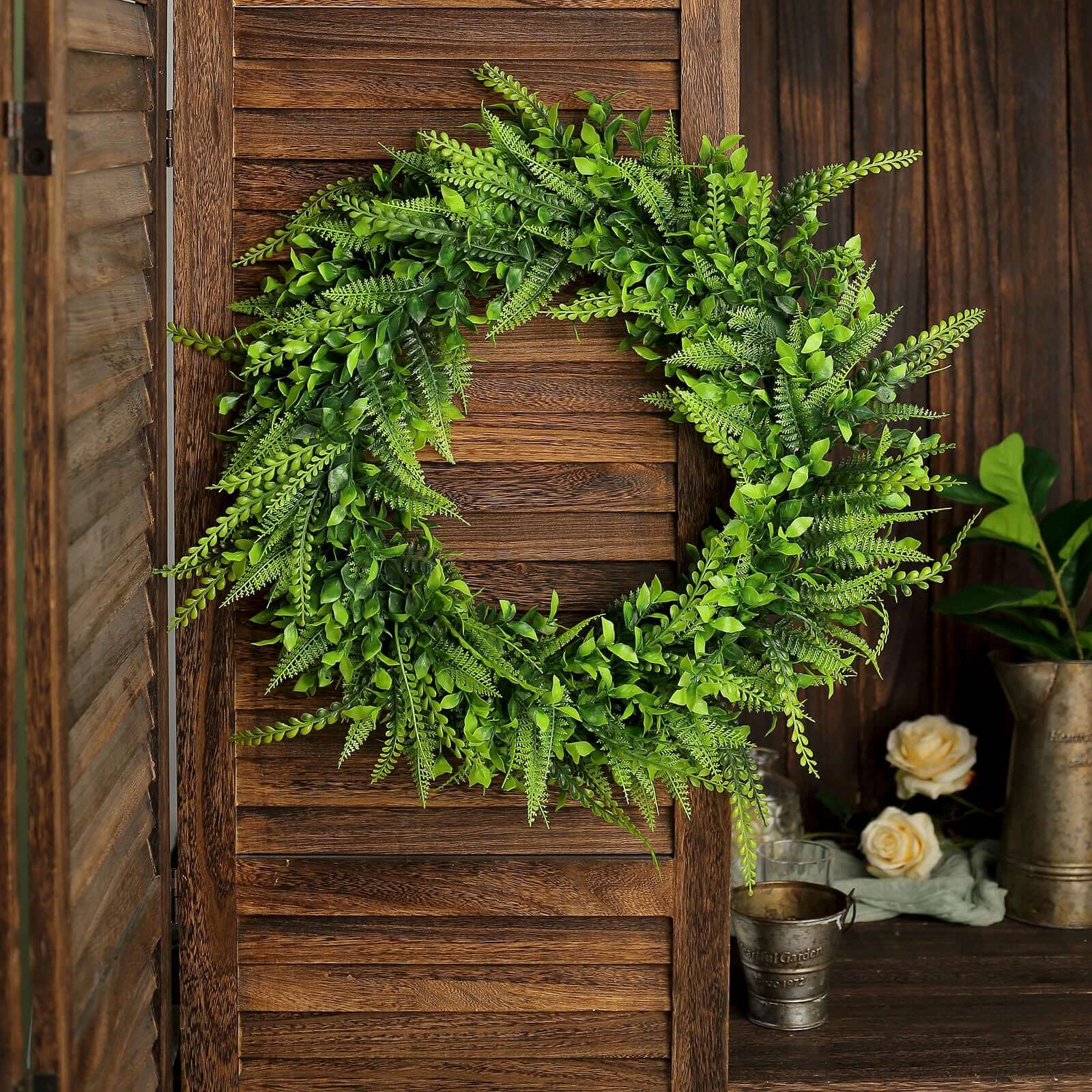 2 Pack 22 Green Artificial Lifelike Boxwood Fern Mix Spring Wreaths