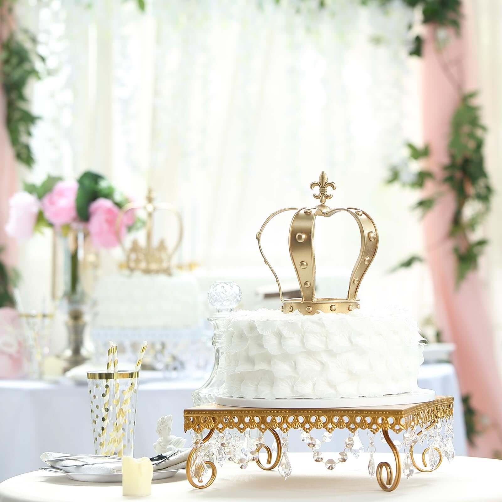 Metal Royal Crown Cake Topper 8 Gold Fleur-De-Lis Top - Refined Cake Centerpiece Decoration for Upscale & Royal-Themed Events