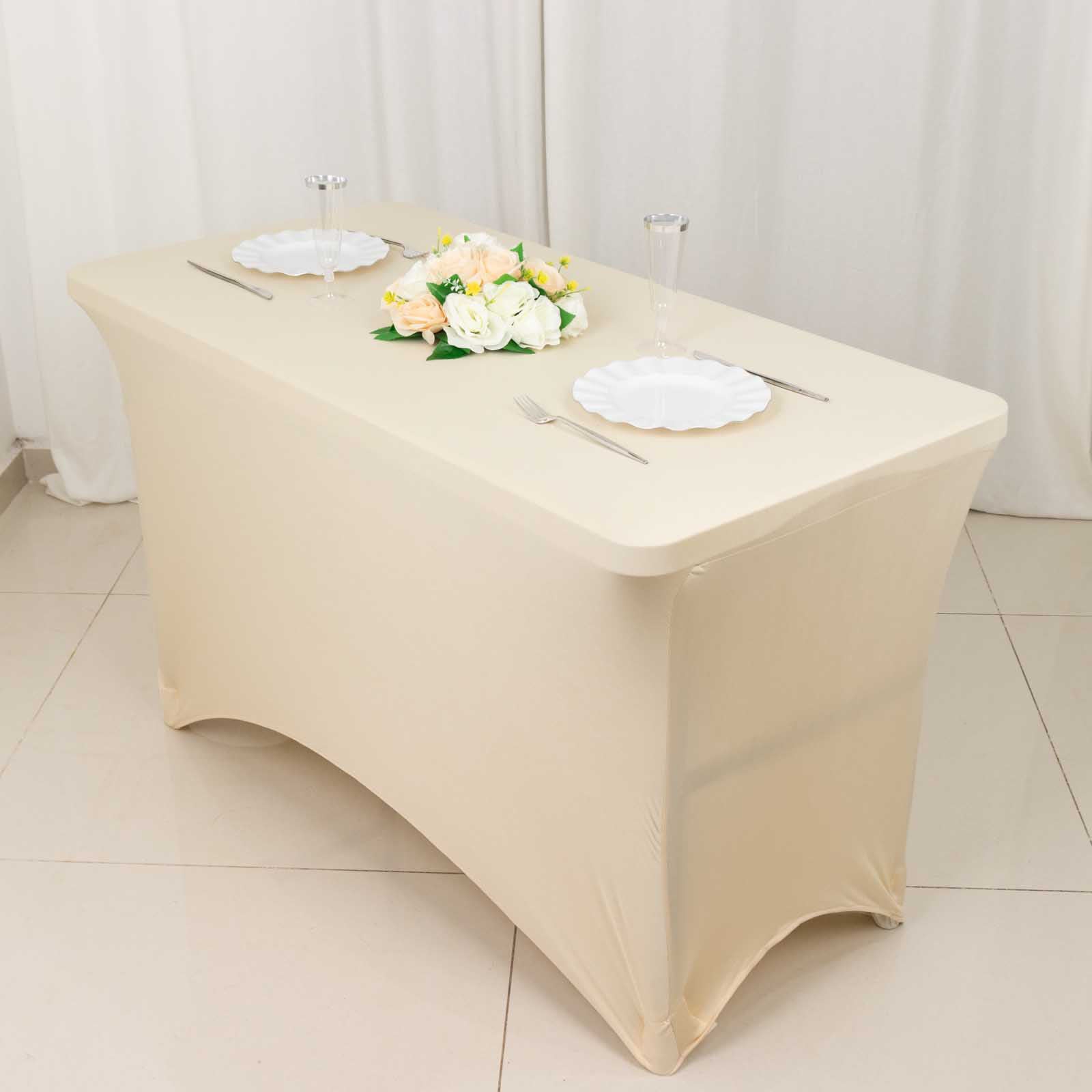 Stretch Spandex 48x30 Rectangle Tablecloth Beige - Durable Form-Fitting Table Cover